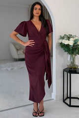 Drew Puff Sleeve Wrap Front Midi Dress Plum