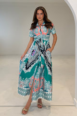 Aurora Paisly Print Midi Shirt Dress Green