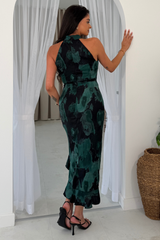 Amani Ruched Halter Neck Midi Dress Green Print