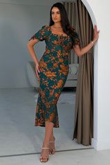 Dove Ruched Detail Midi Dress In Emerald Floral