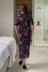 Blythe Foiled Floral Ruched Front Angel Sleeve Midi Dress