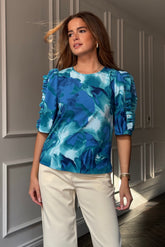 Asher Blue Floral Print Frill Sleeve Top