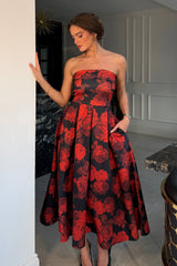Danni Strapless Bandeau Midi Dress Red Floral