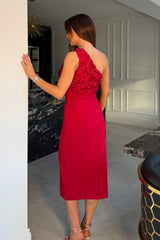 Gwyneth 3D Floral One Shoulder Midi Dress Red
