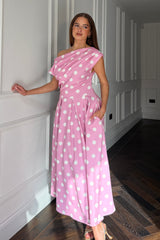 Betty Asymmetric Neckline Skater Midi Pink Polka
