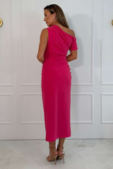 Donna Asymmetric Neckline Midi Dress Hot Pink
