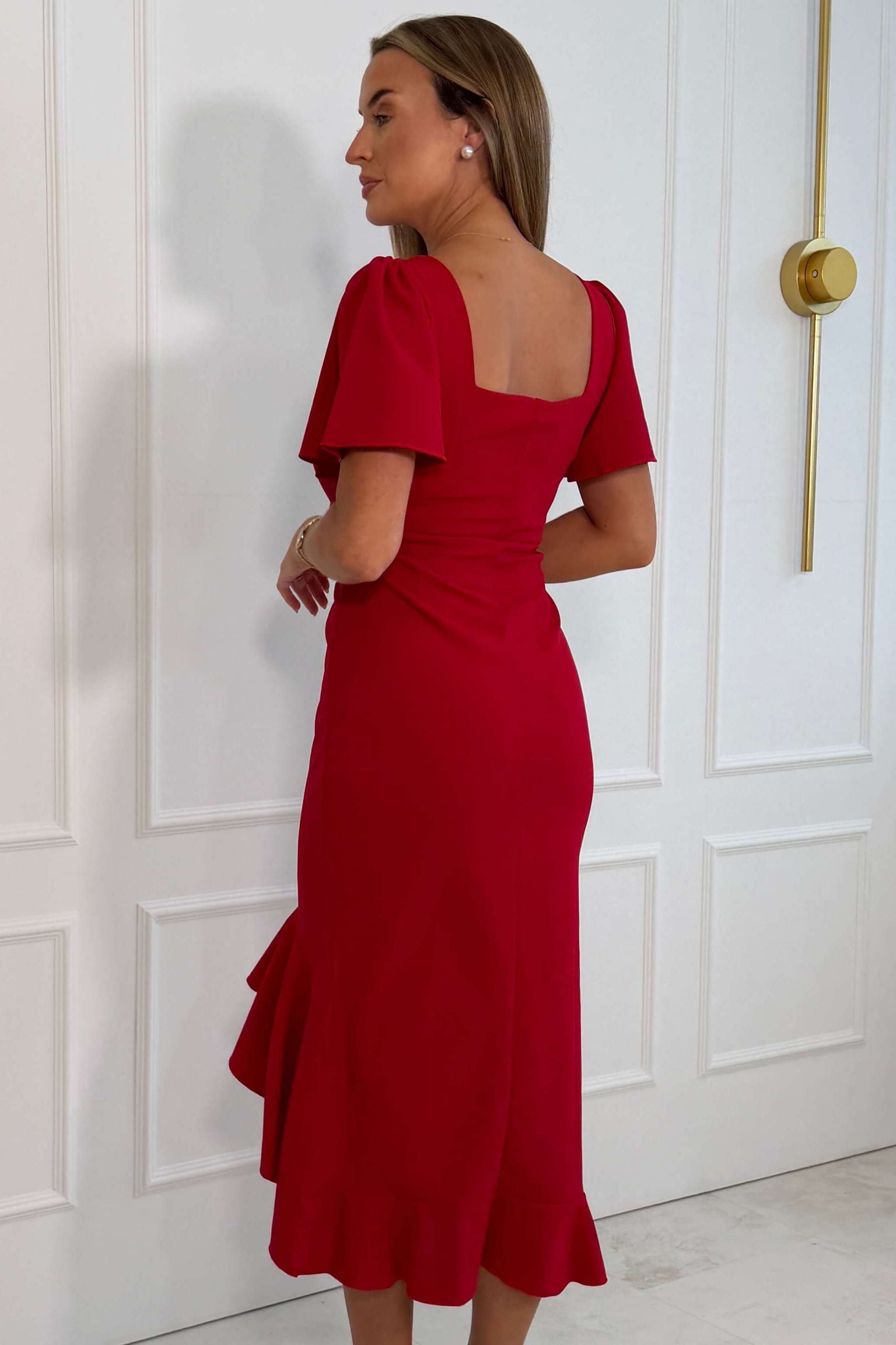 Darcie Flaired Sleeve Frill Midi Dress Red