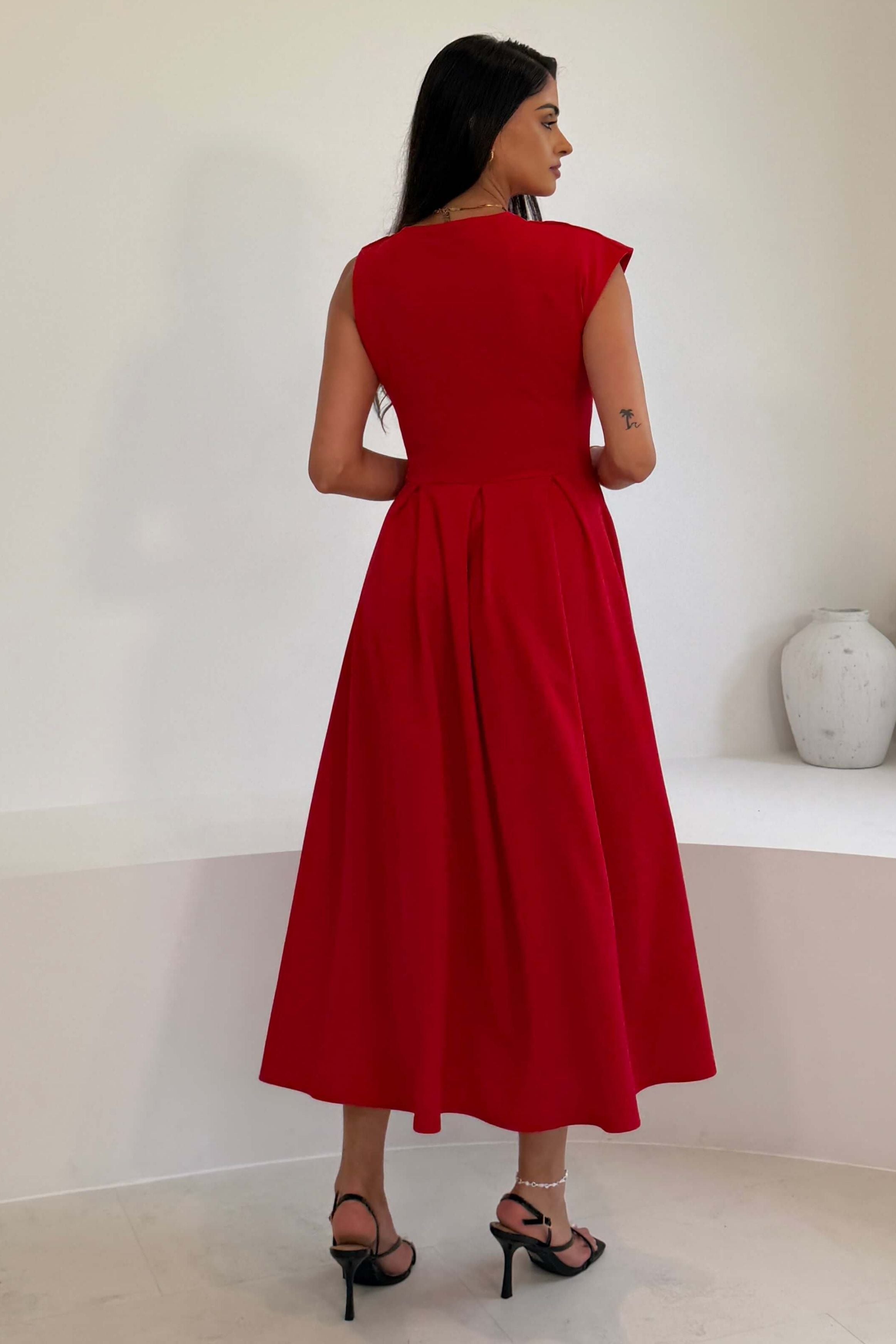 Bonnie Pleated Asymetric Shoulder Midi Dress Red
