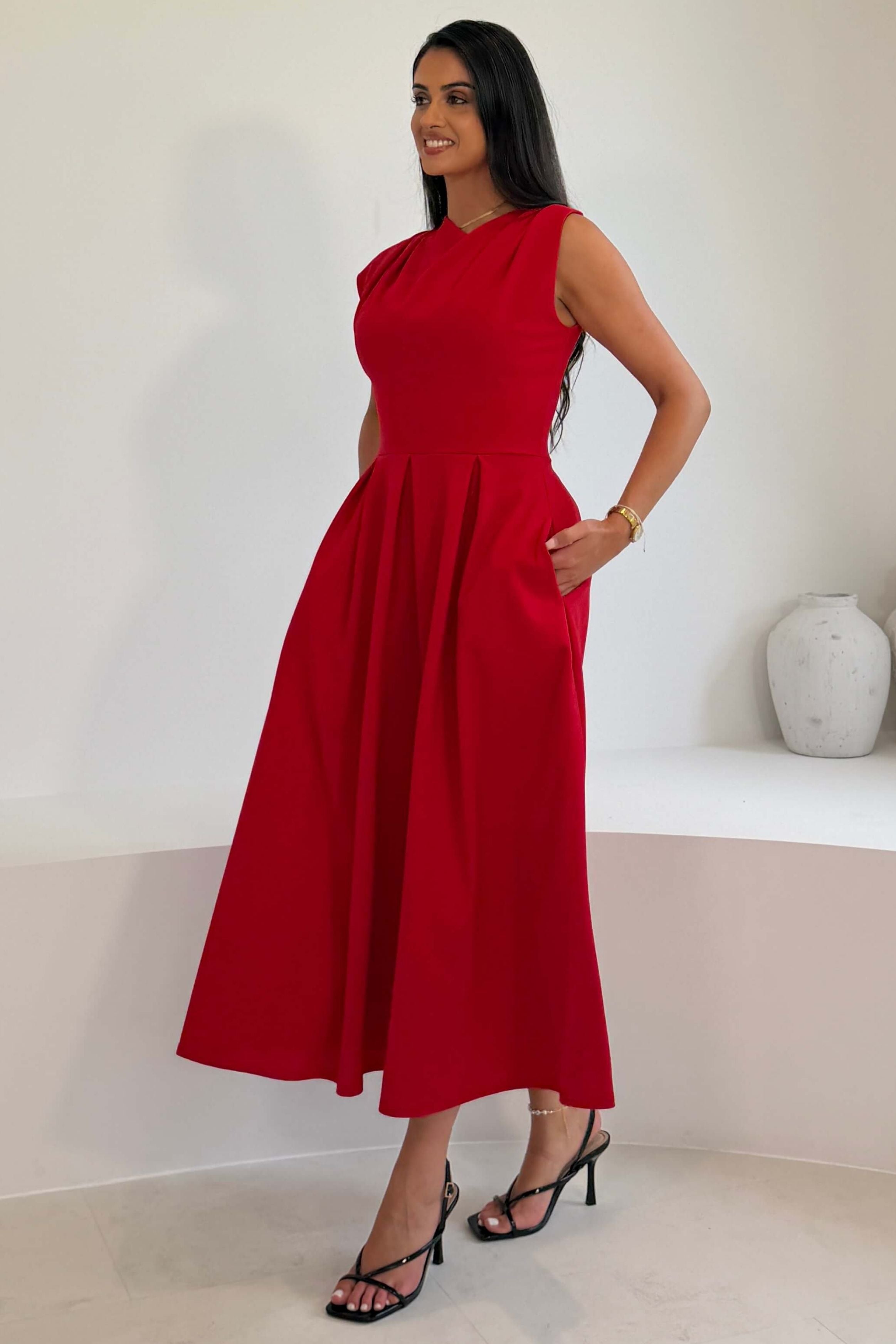 Bonnie Pleated Asymetric Shoulder Midi Dress Red