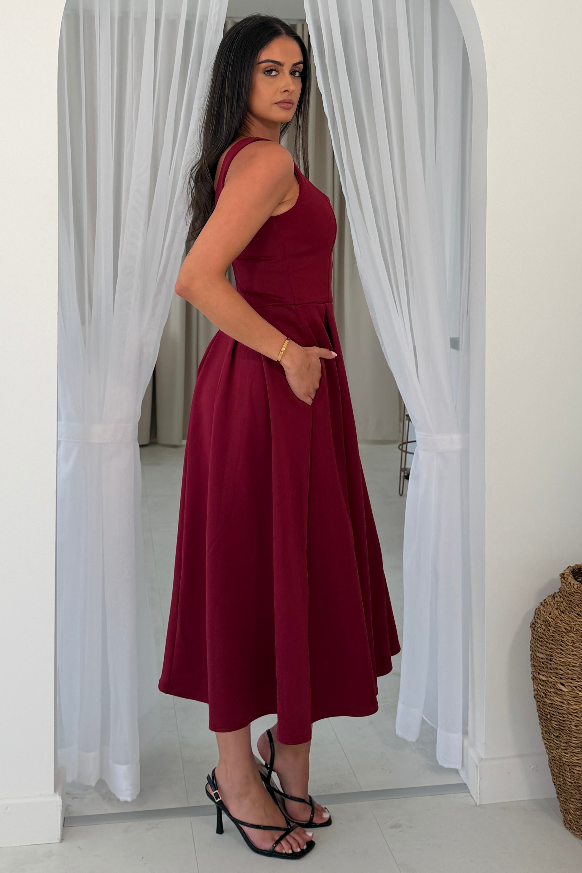 Erica Square Neck Pleated Midi Dress Berry
