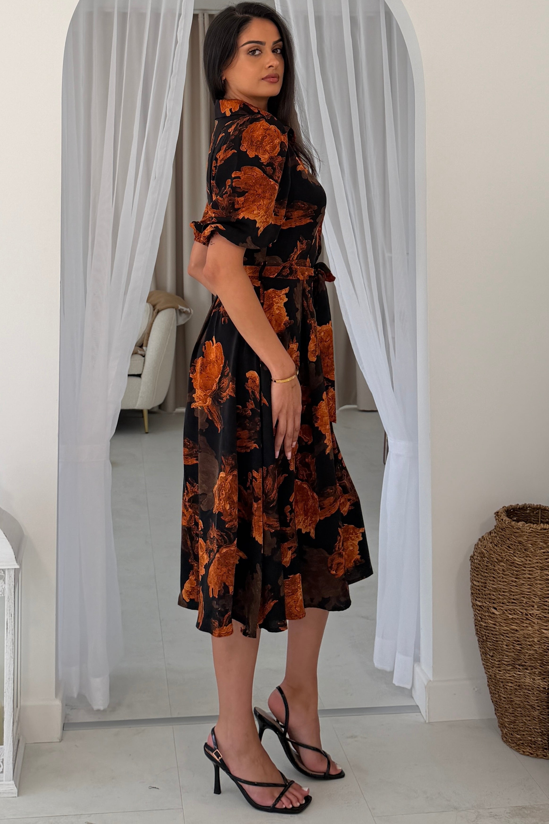 Holland Orange Floral Collar Midi Dress