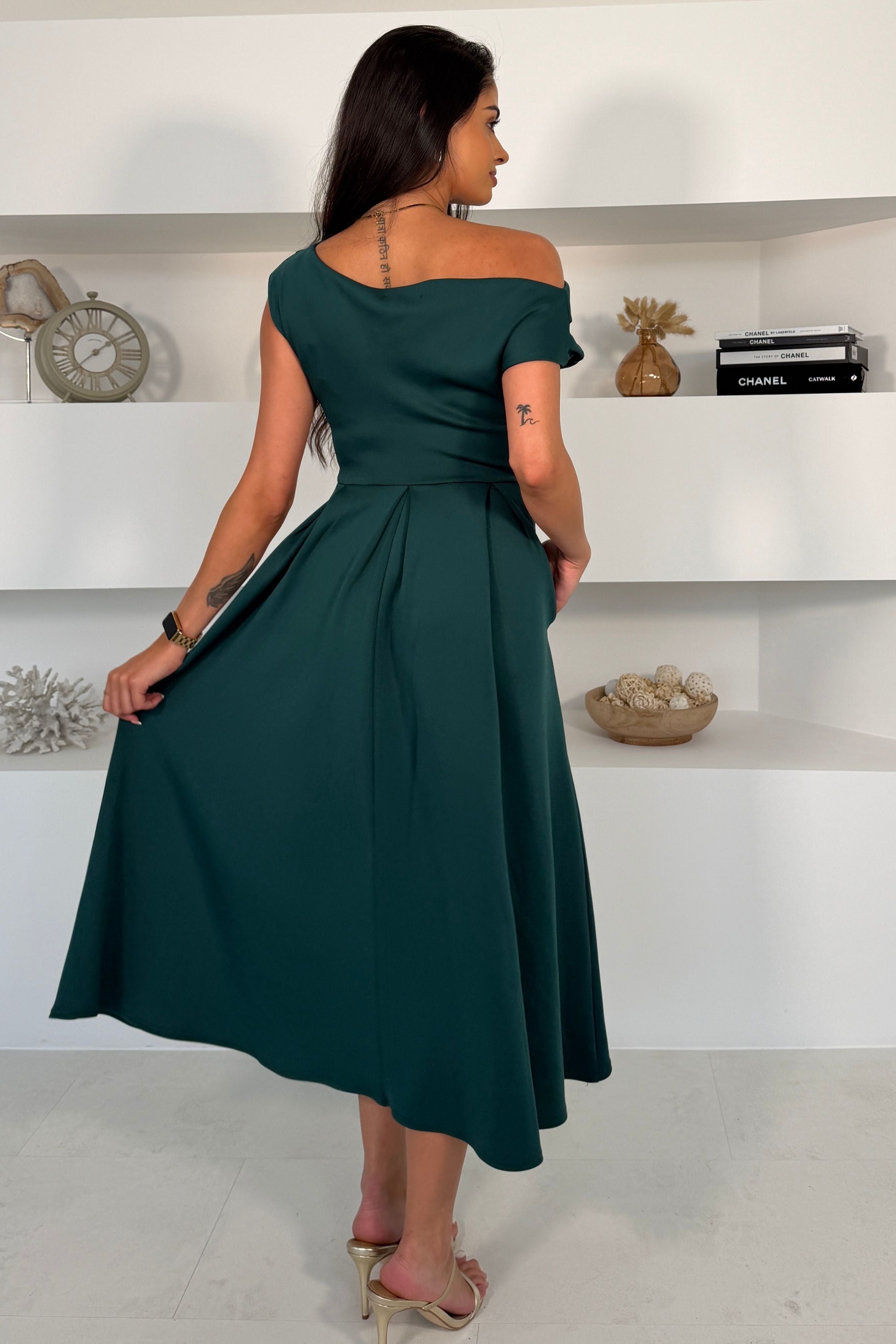 Betty Asymmetric Neckline Skater Midi Emerald