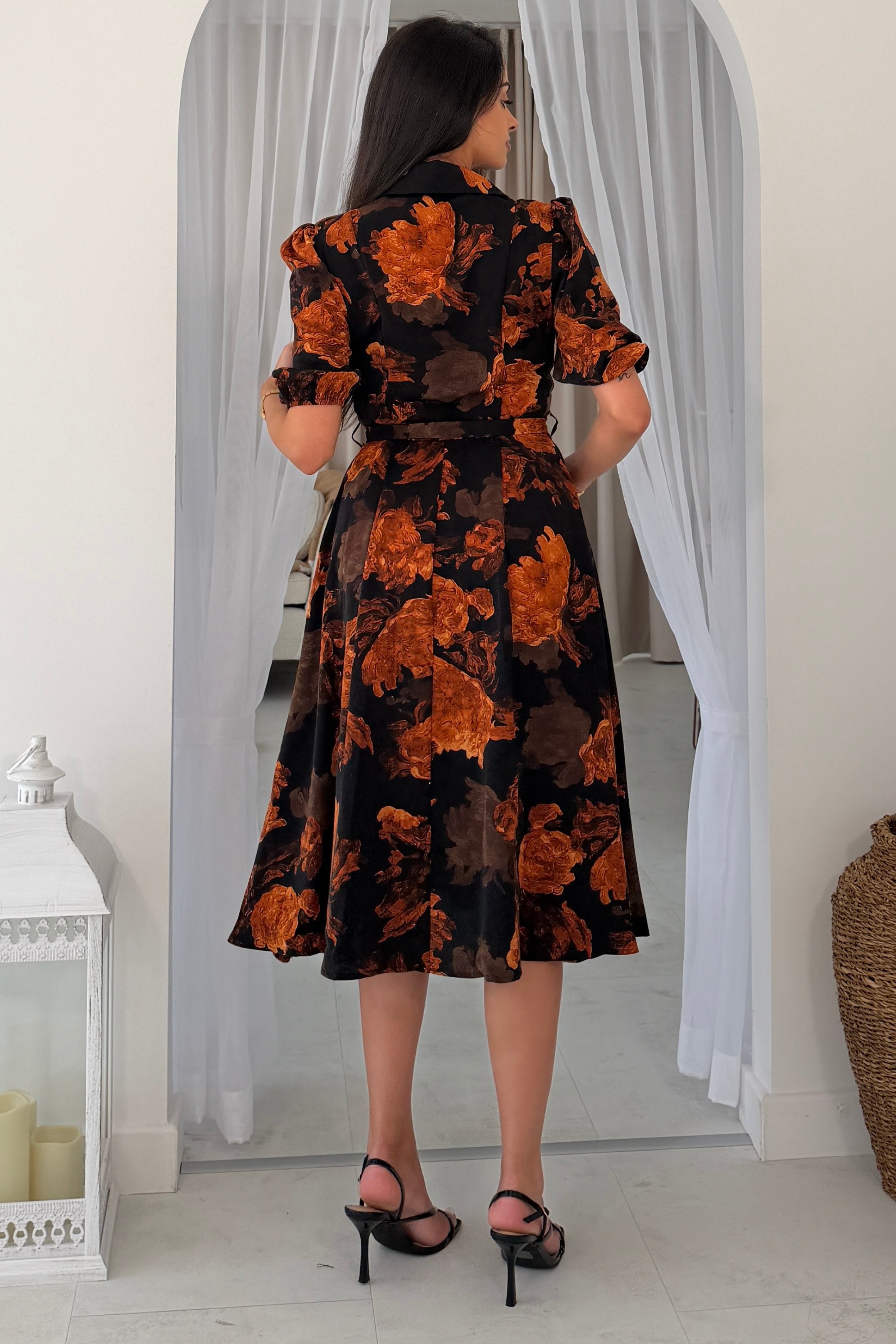 Holland Orange Floral Collar Midi Dress