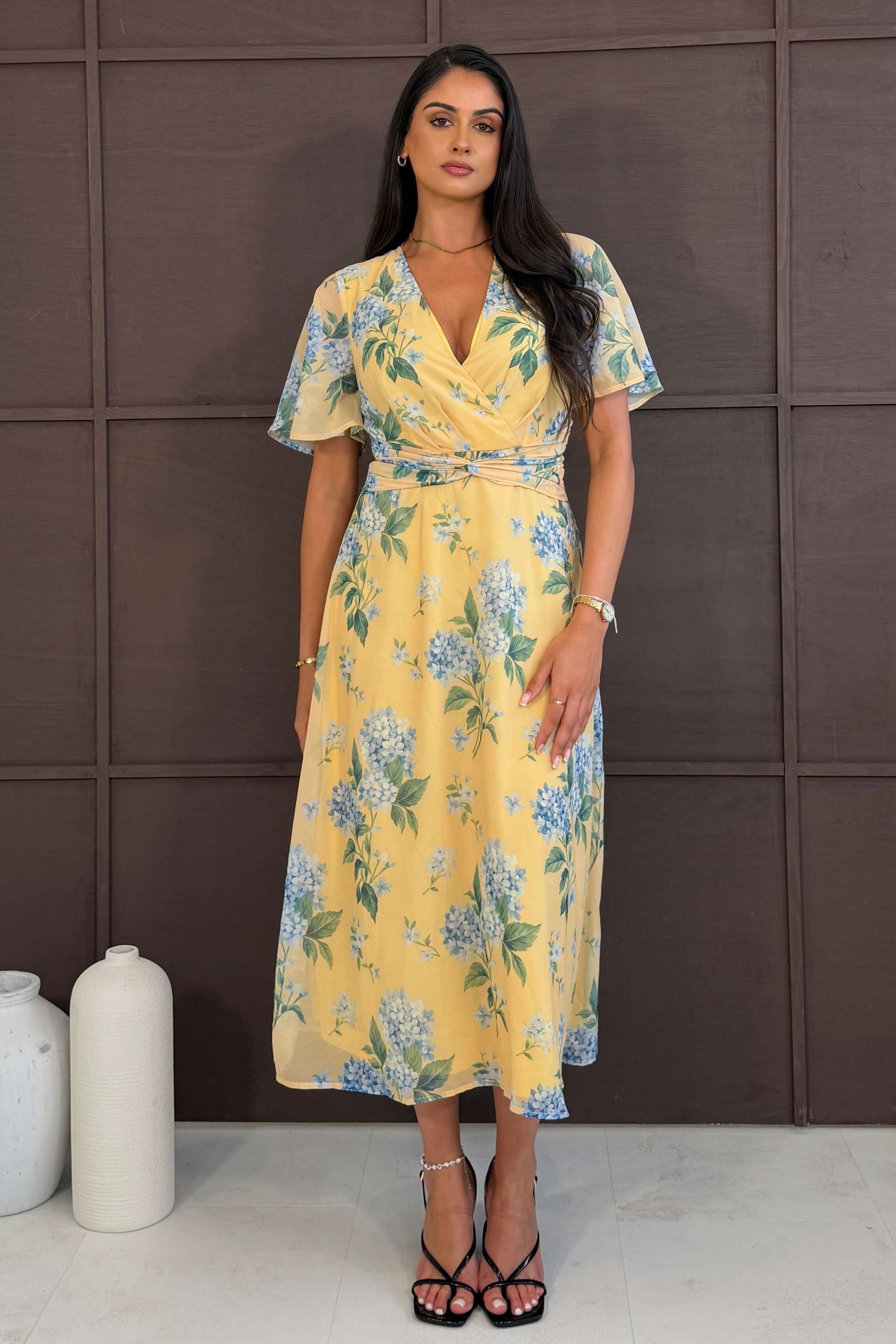 Daisy Wrap Neck Twist Detail Midi Dress Yellow
