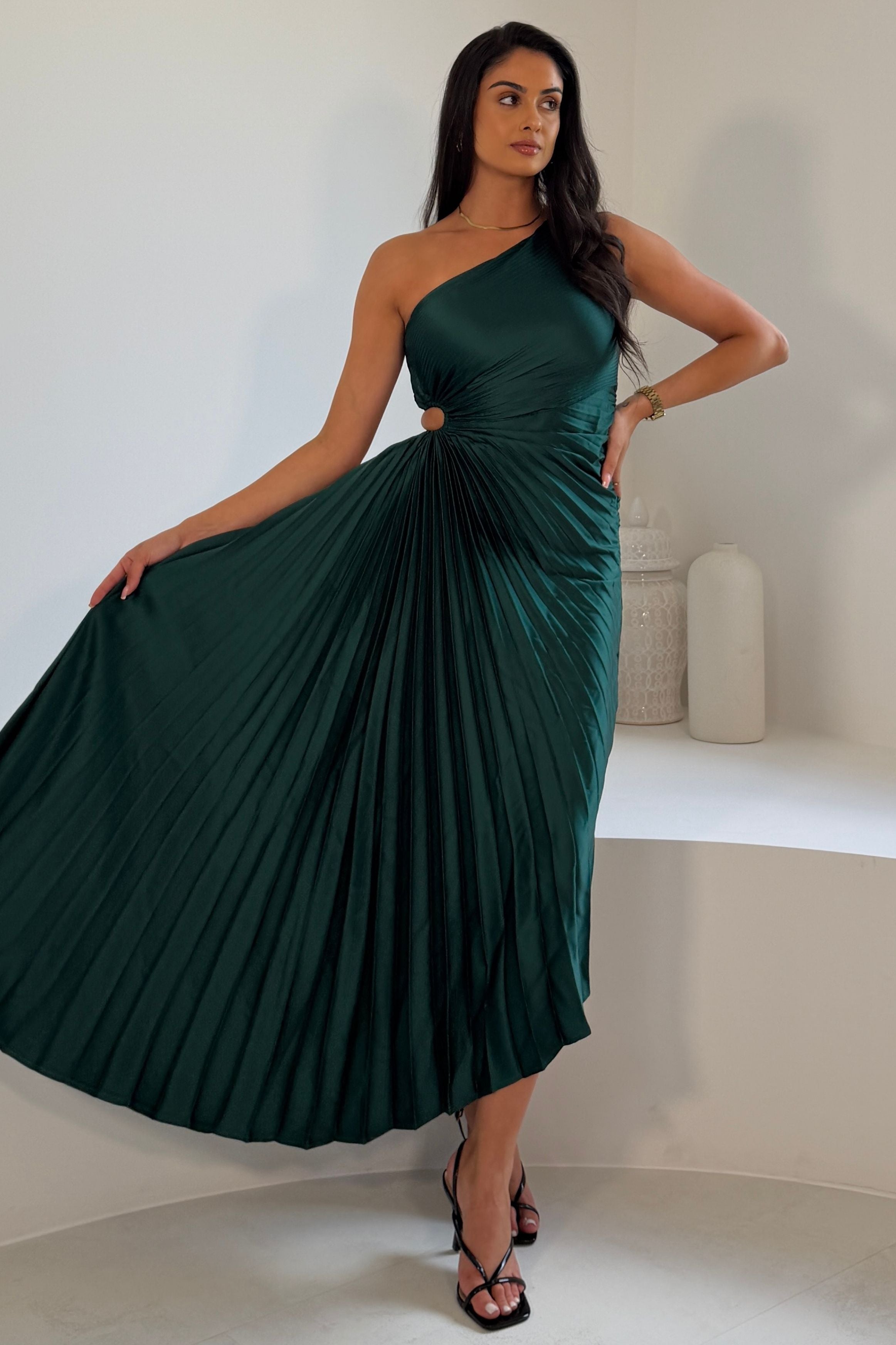Aoife One Shoulder Pleated Midi Dress Emerald