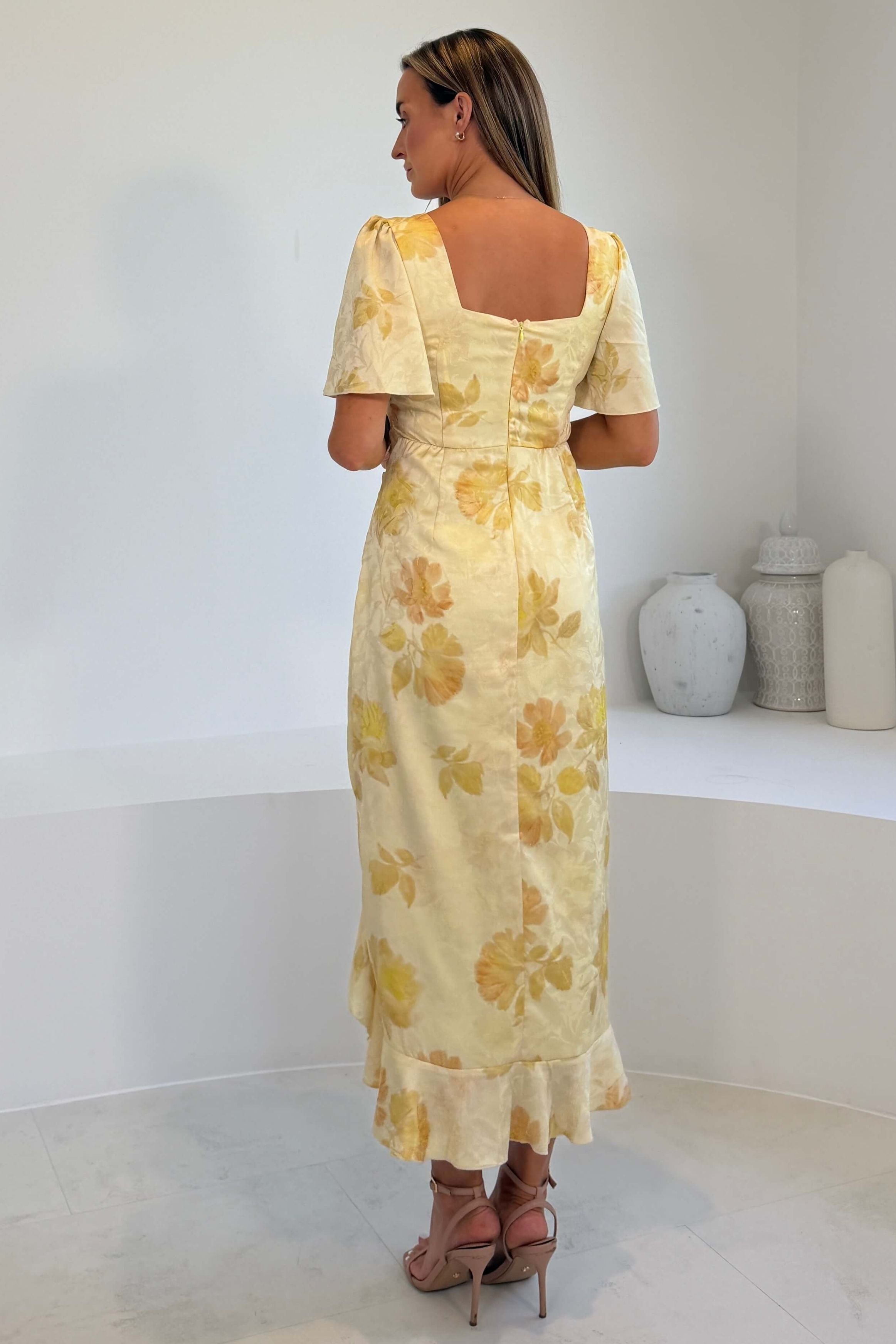 Heidi Floral Print Ruched Midi Dress Yellow