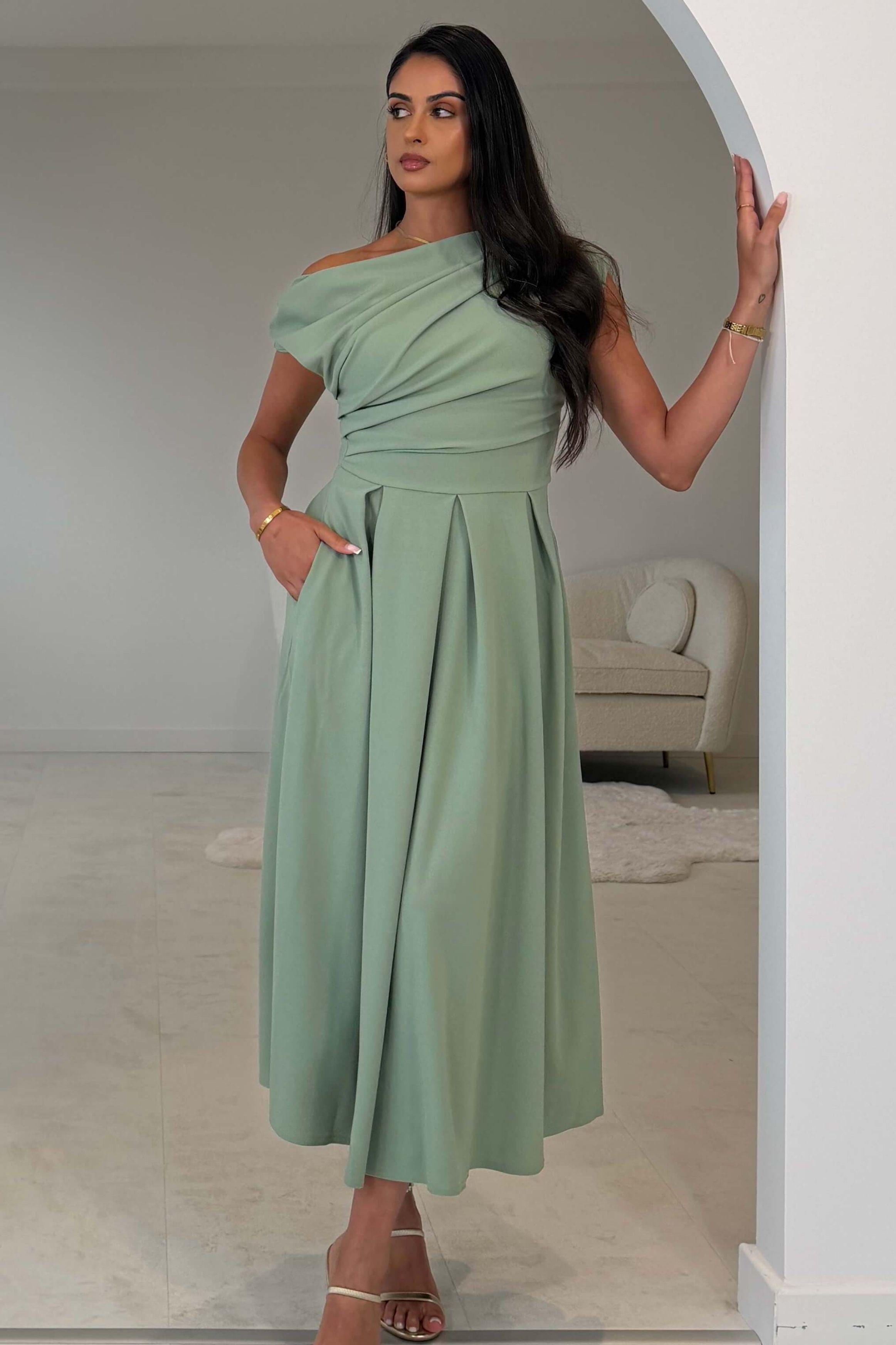 Dollie Asymmetric Neckline Skater Midi Dress Sage