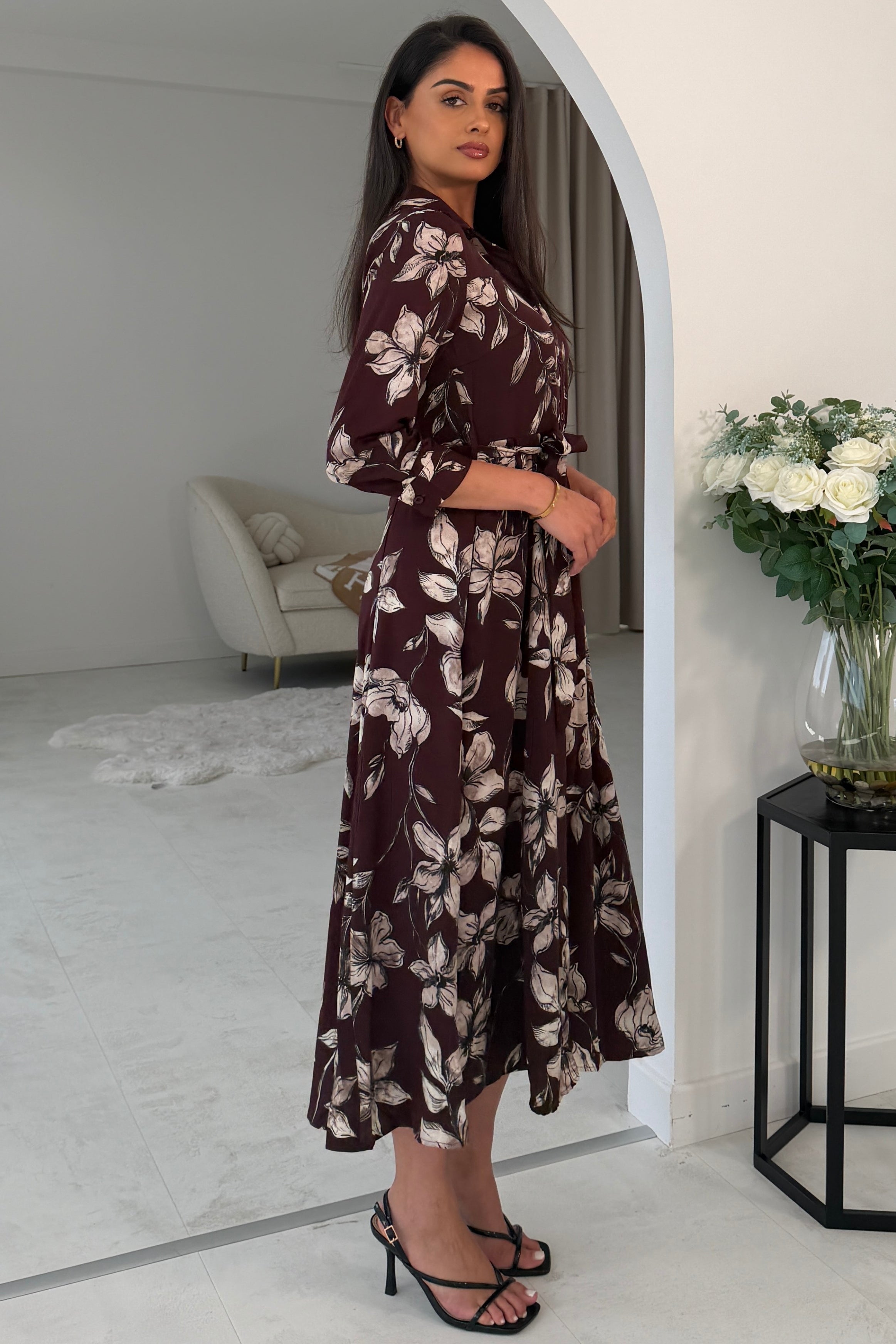 Angela Long Sleeve Maxi Shirt Dress Plum Floral