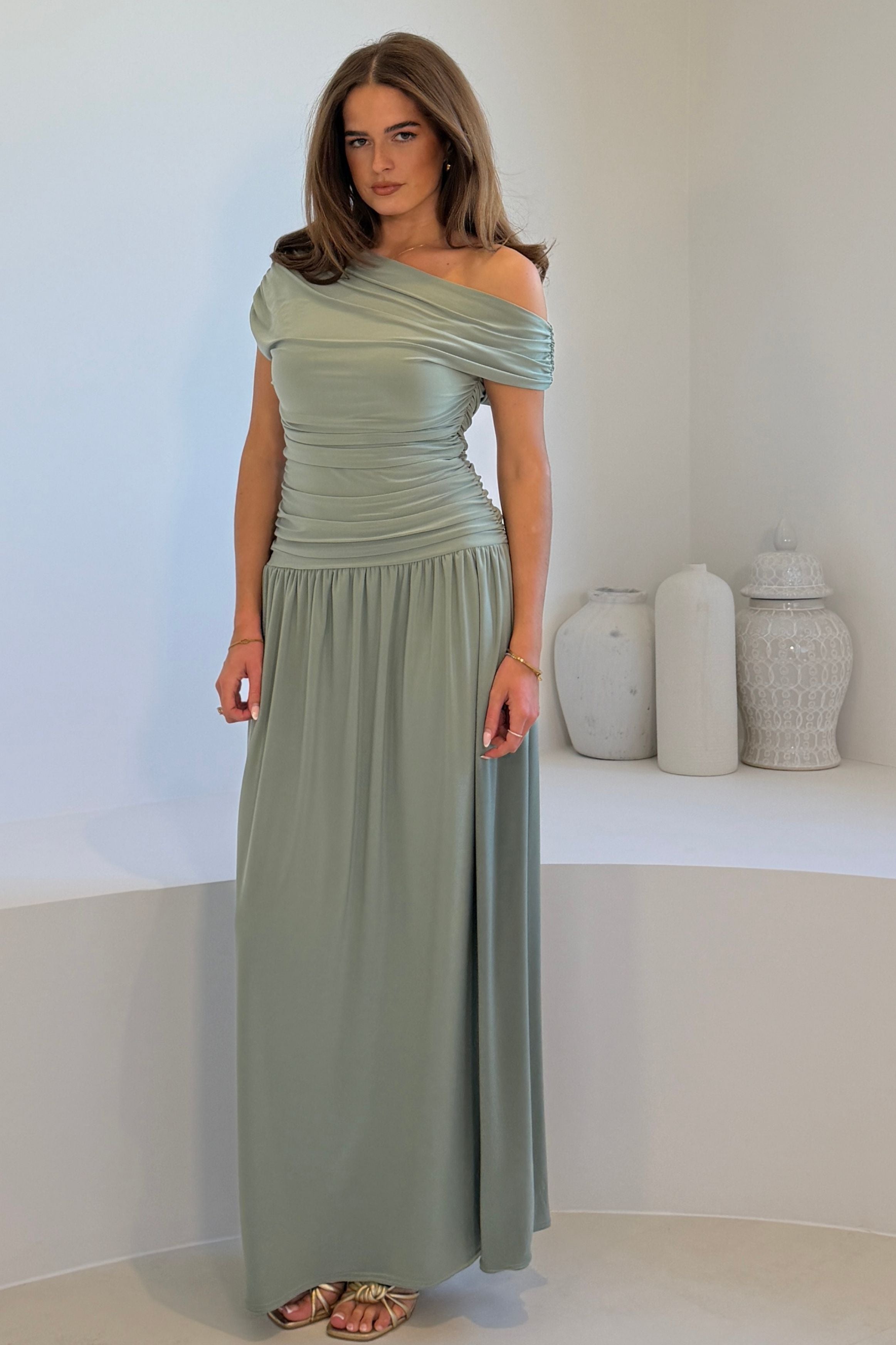 Colette Rushed Off Shoulder Maxi Dress Sage