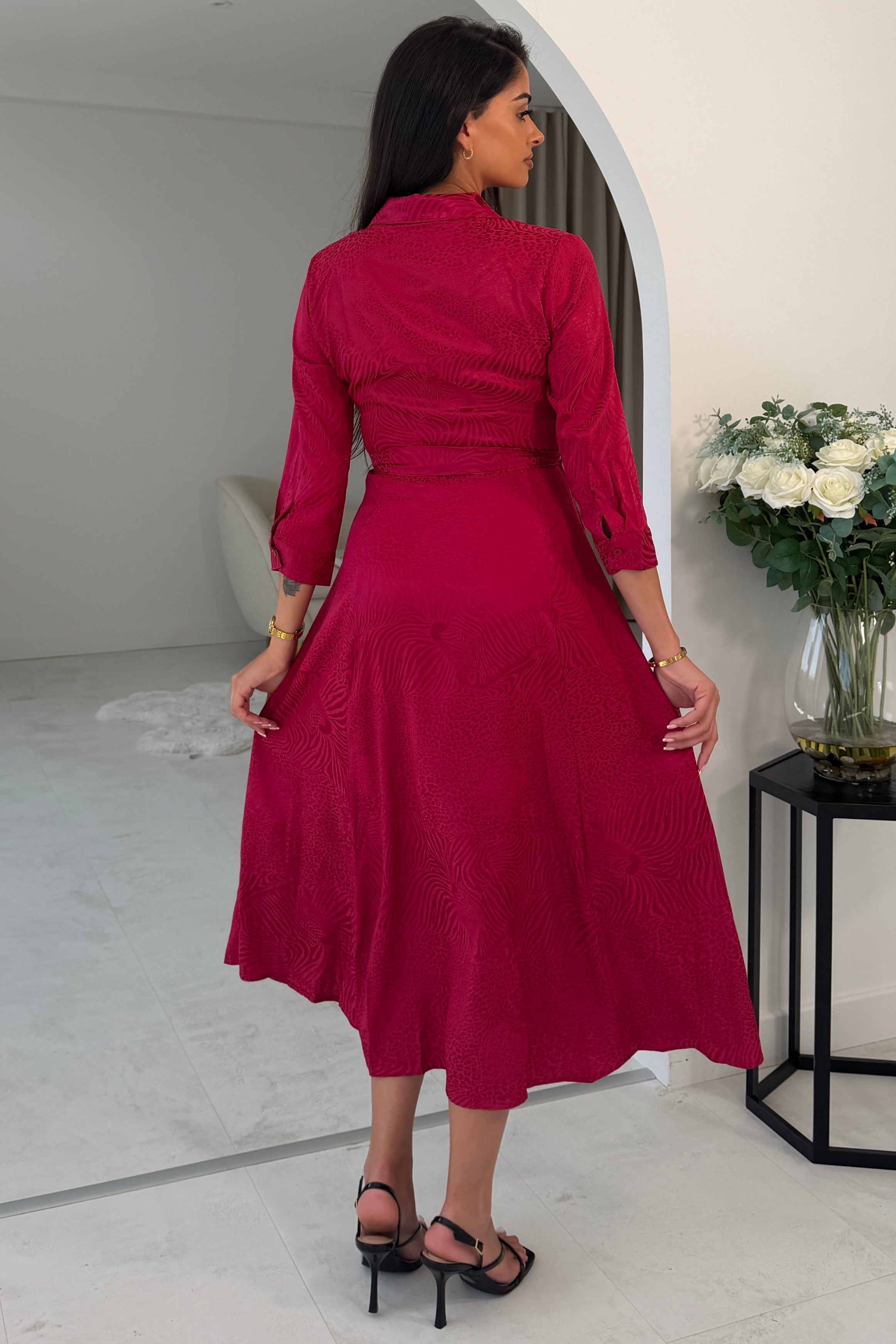 Angela Long Sleeve Maxi Shirt Dress Wine Animal