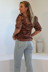 Asher Polka Dot Print Frill Sleeve Top Chocolate