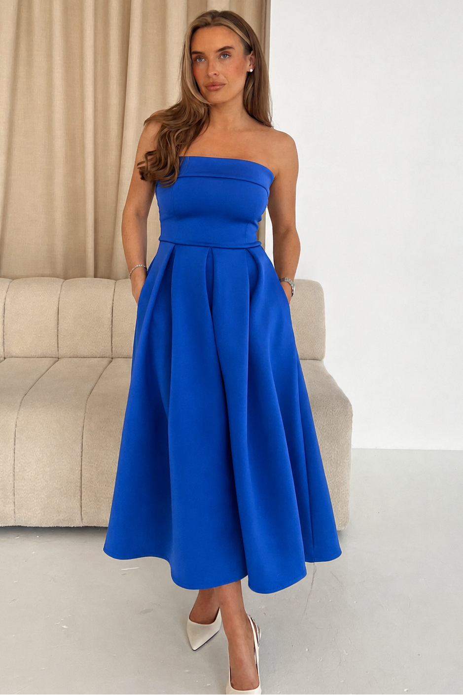 Danni Strapless Bandeau Midi Dress Cobalt