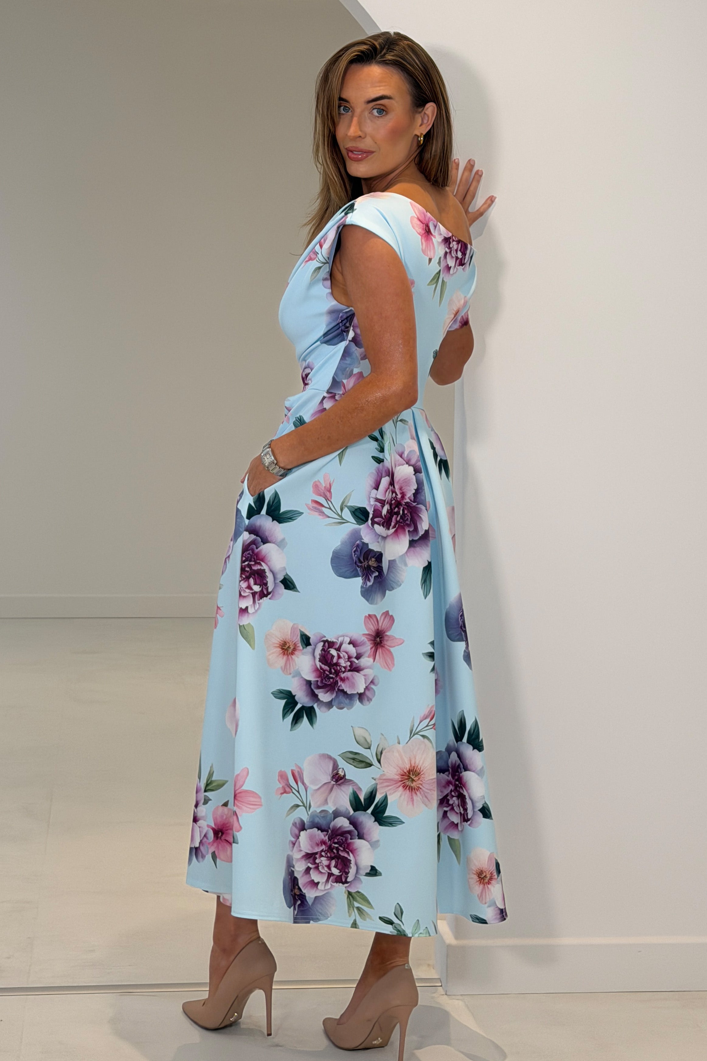 Betty Asymmetric Neckline Skater Midi Dress Blue Print