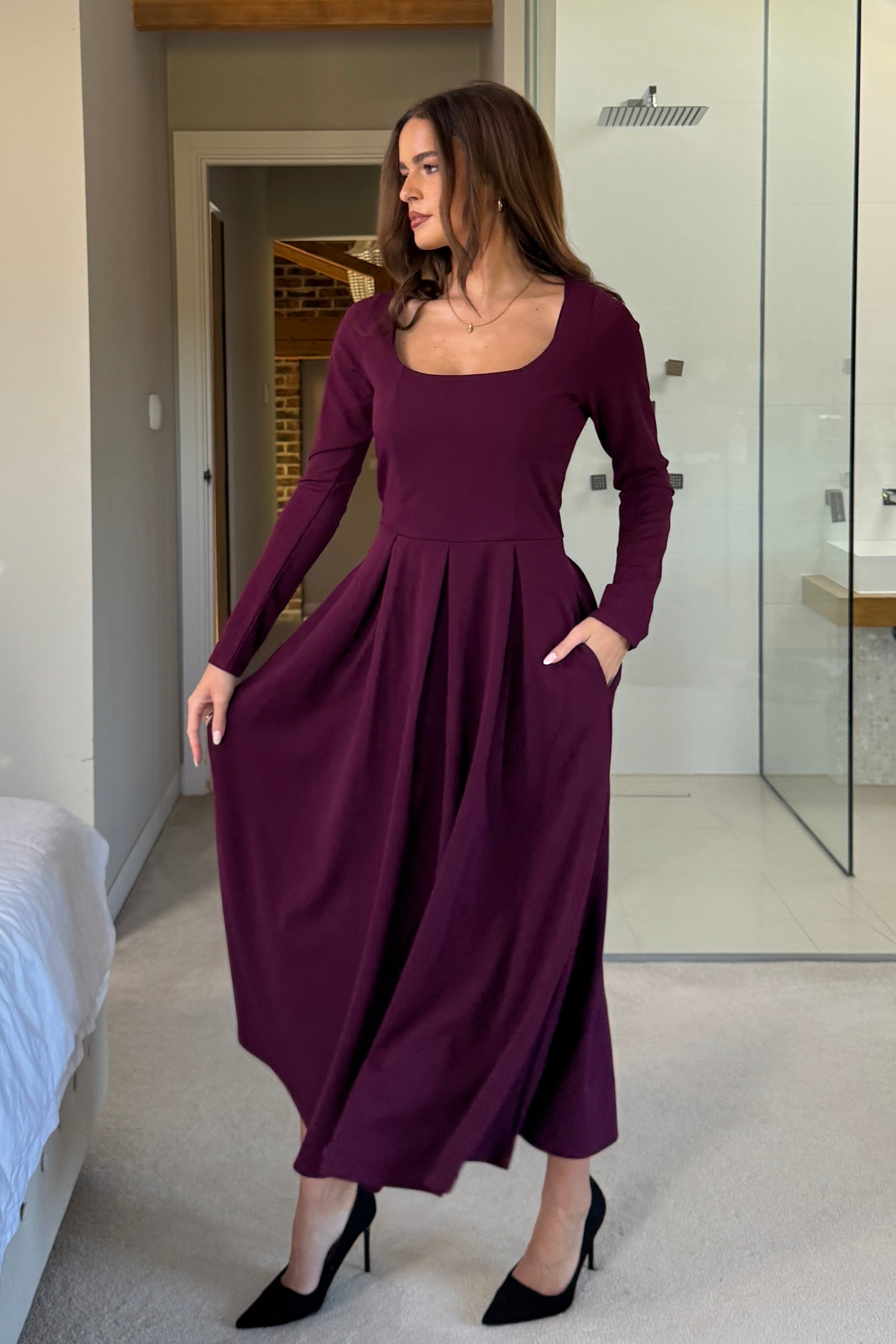 Evie Square Neck Long Sleeve Midi Dress Plum
