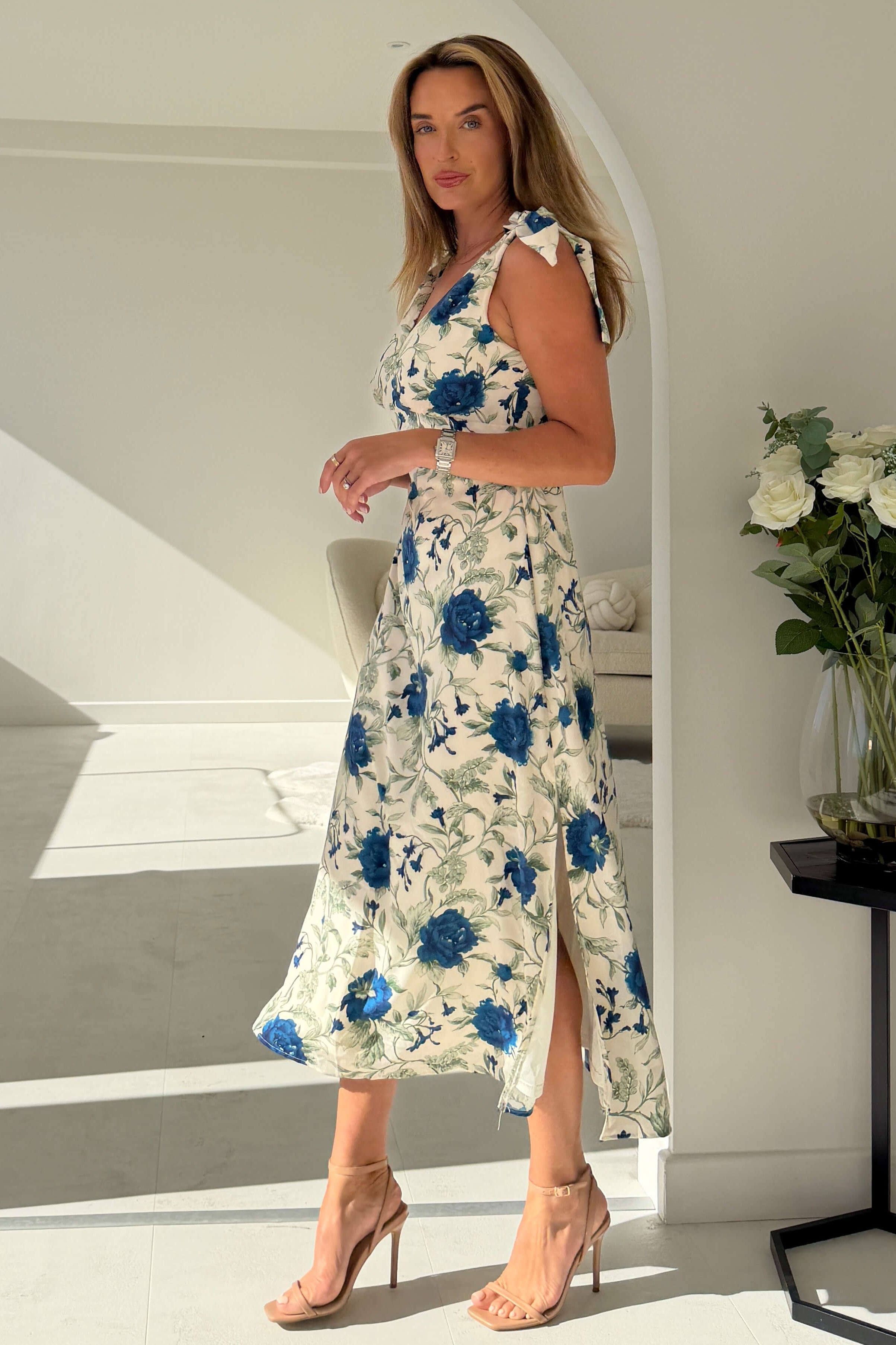 Beverly Floral Tie Shoulder Midi White