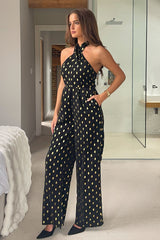 Jasmine Halterneck Wide Leg Gold Foil Jumpsuit