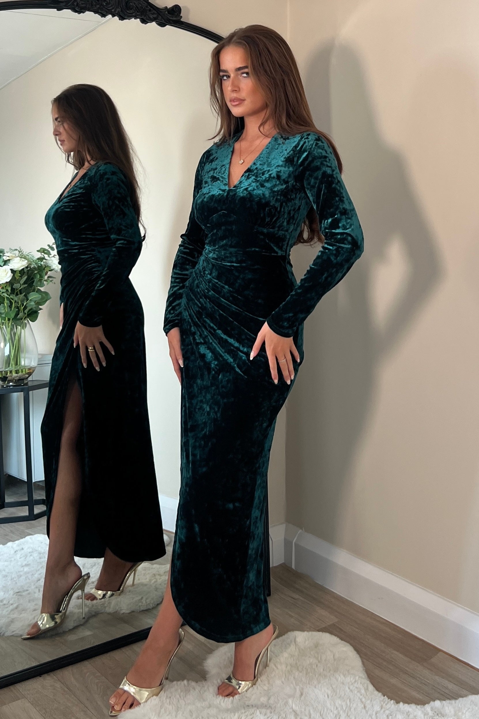 Hailey Green Velvet Asymmetric Wrap Midi Dress