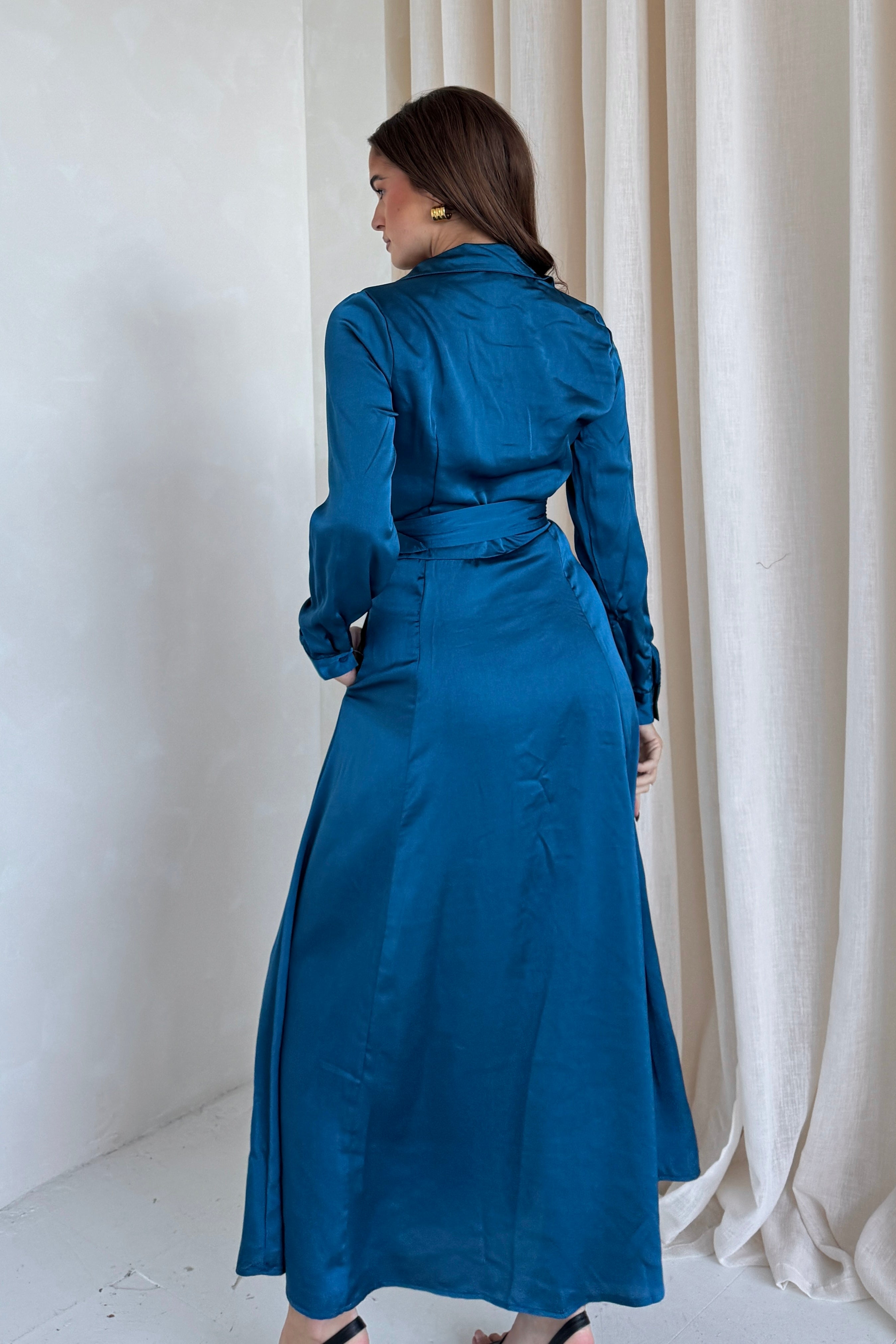 Kira Wrap Detail Maxi Shirt Dress In Petrol Blue