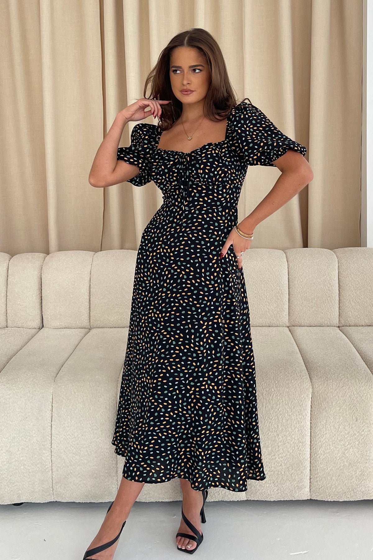 Jemima Square Neck Midi Dress Black Multi