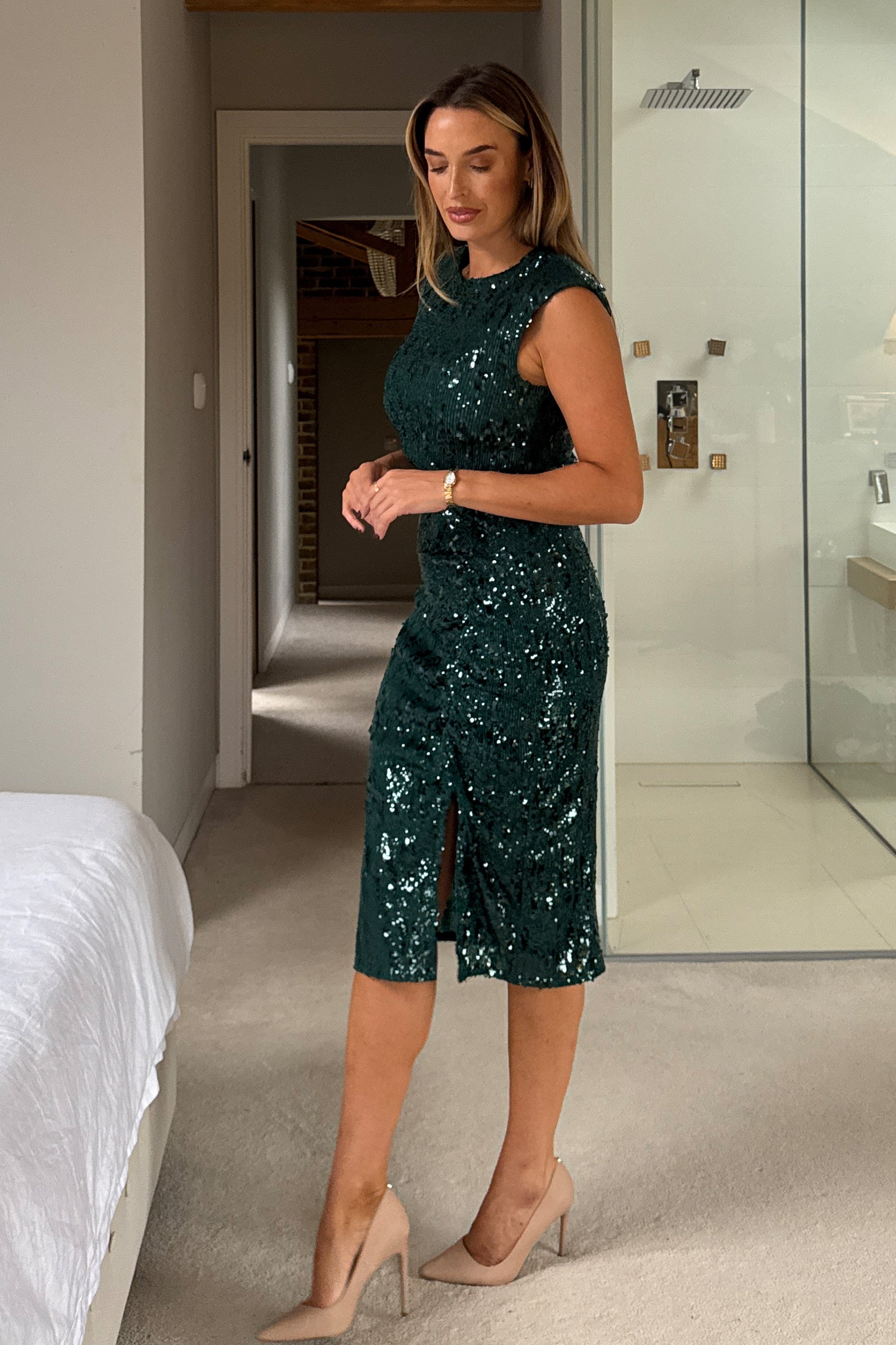 Estelle Green Sequin Ruched Midi Dress