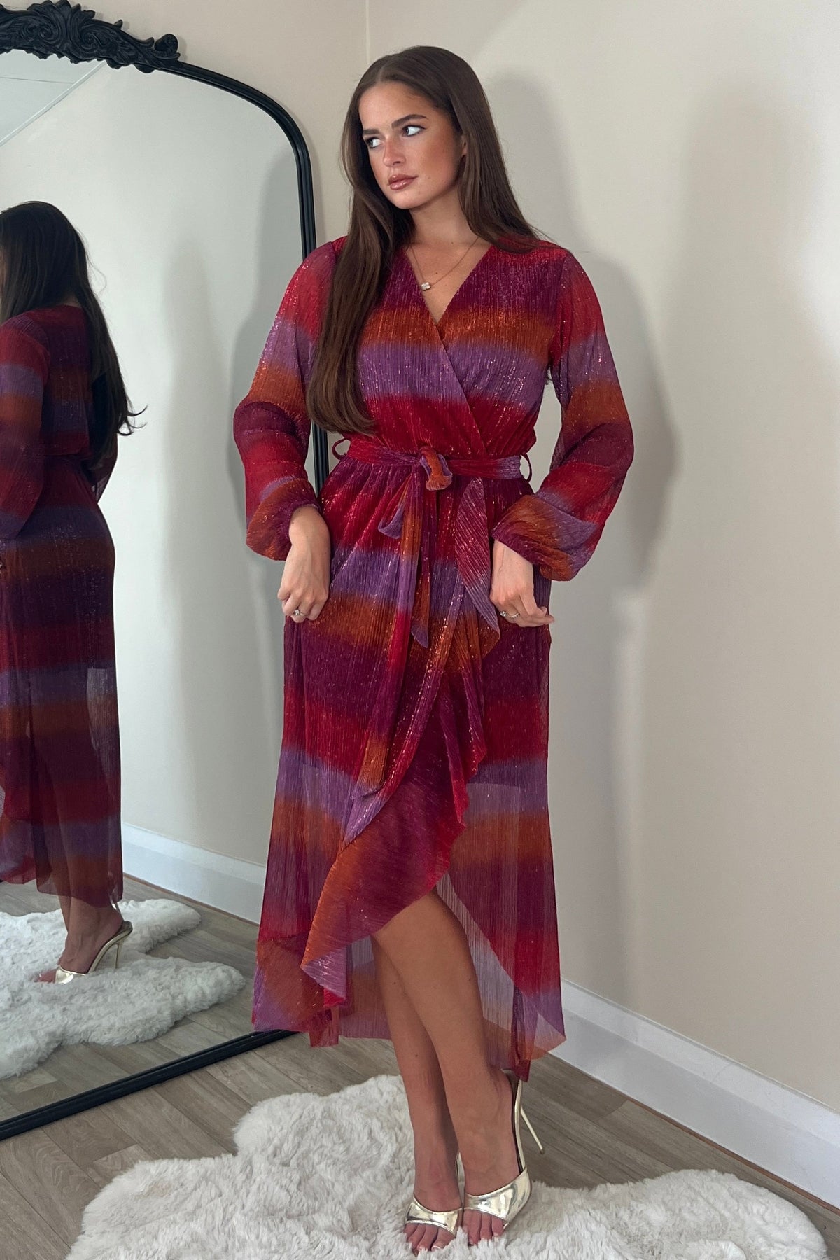 Erin Multi Shimmer Split Hem Frill Detail Maxi Dress
