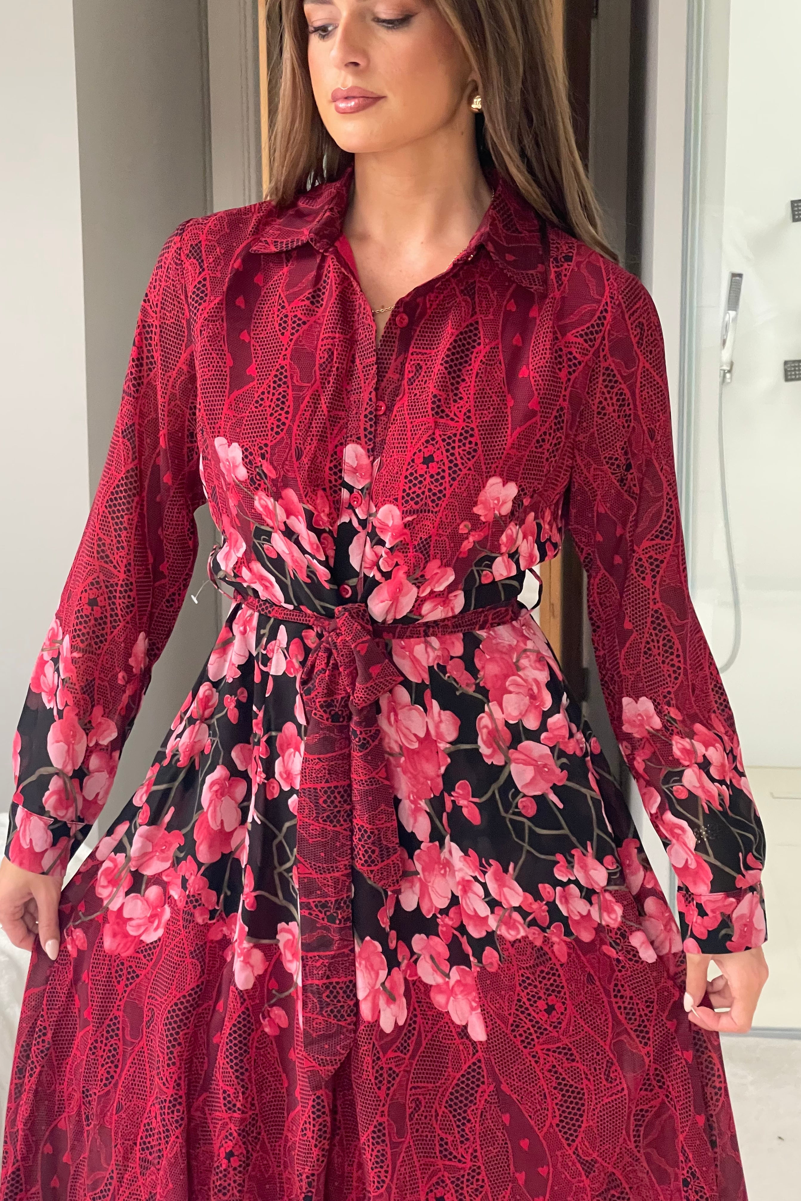 Everly Red Floral Shirt Midi Dress