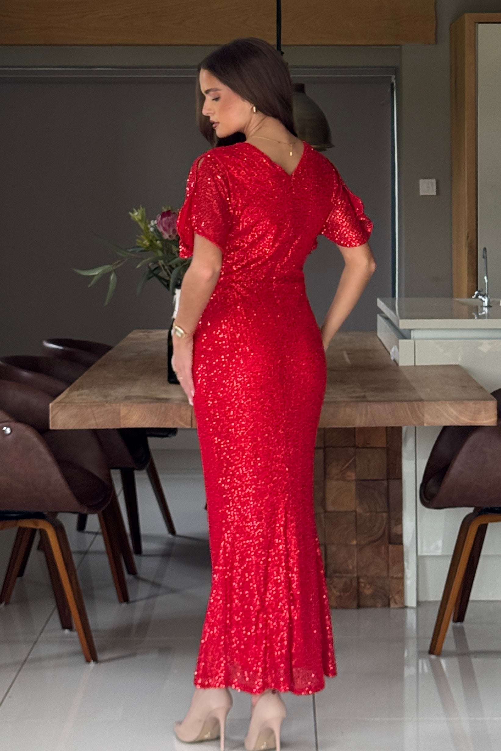 Cleo Red Sequin Ruched Detail Midi Dress
