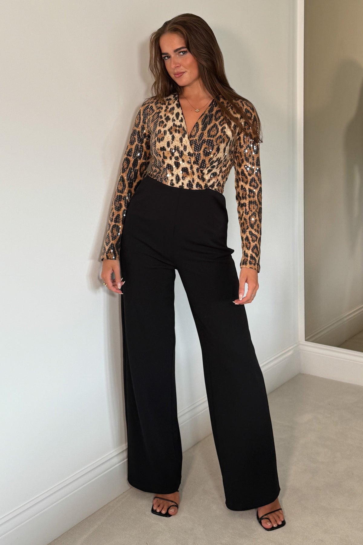 Casandra Leopart Sequin Wrap Front Jumpsuit