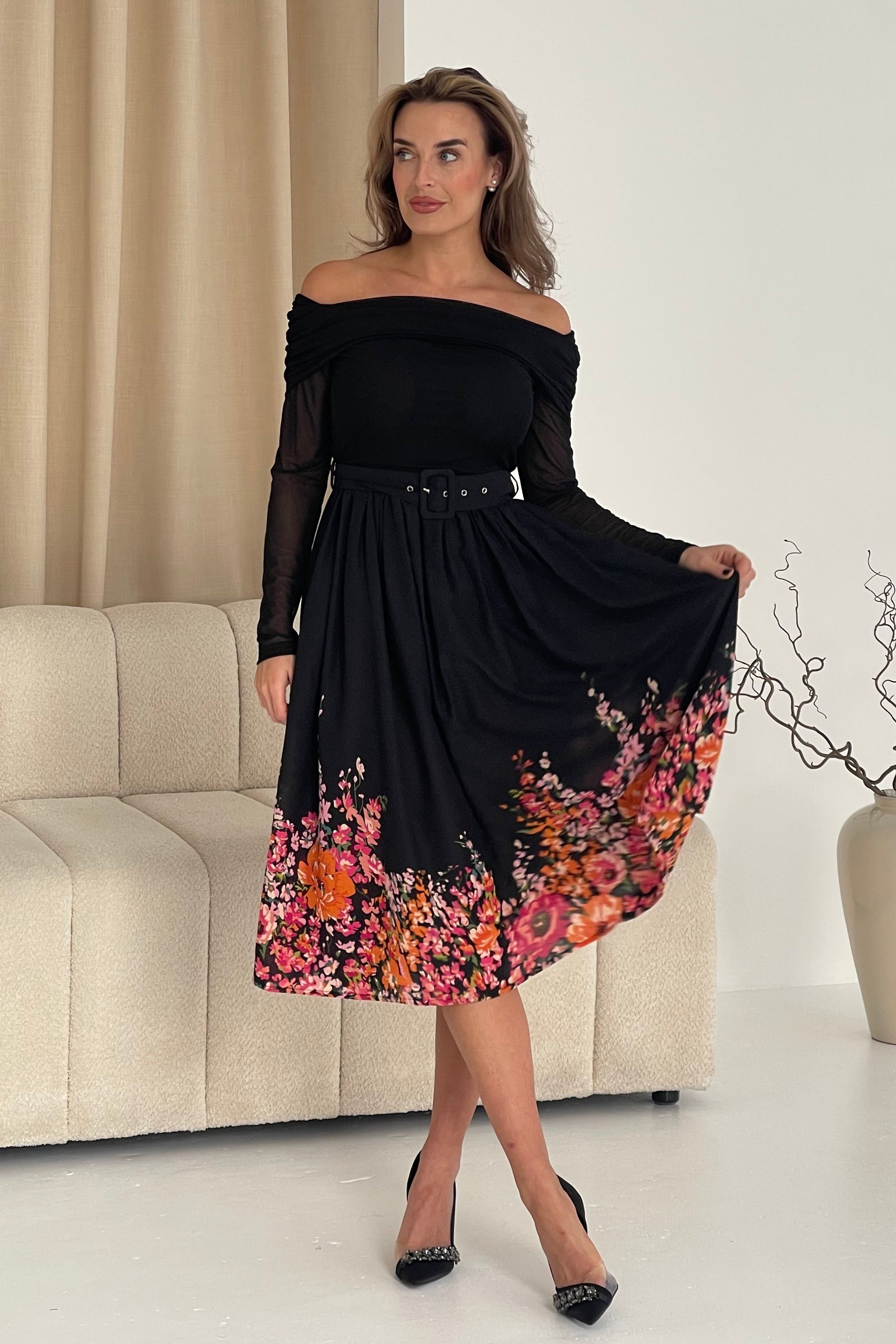 Aster Bardot Floral Border Midi Dress Black Floral