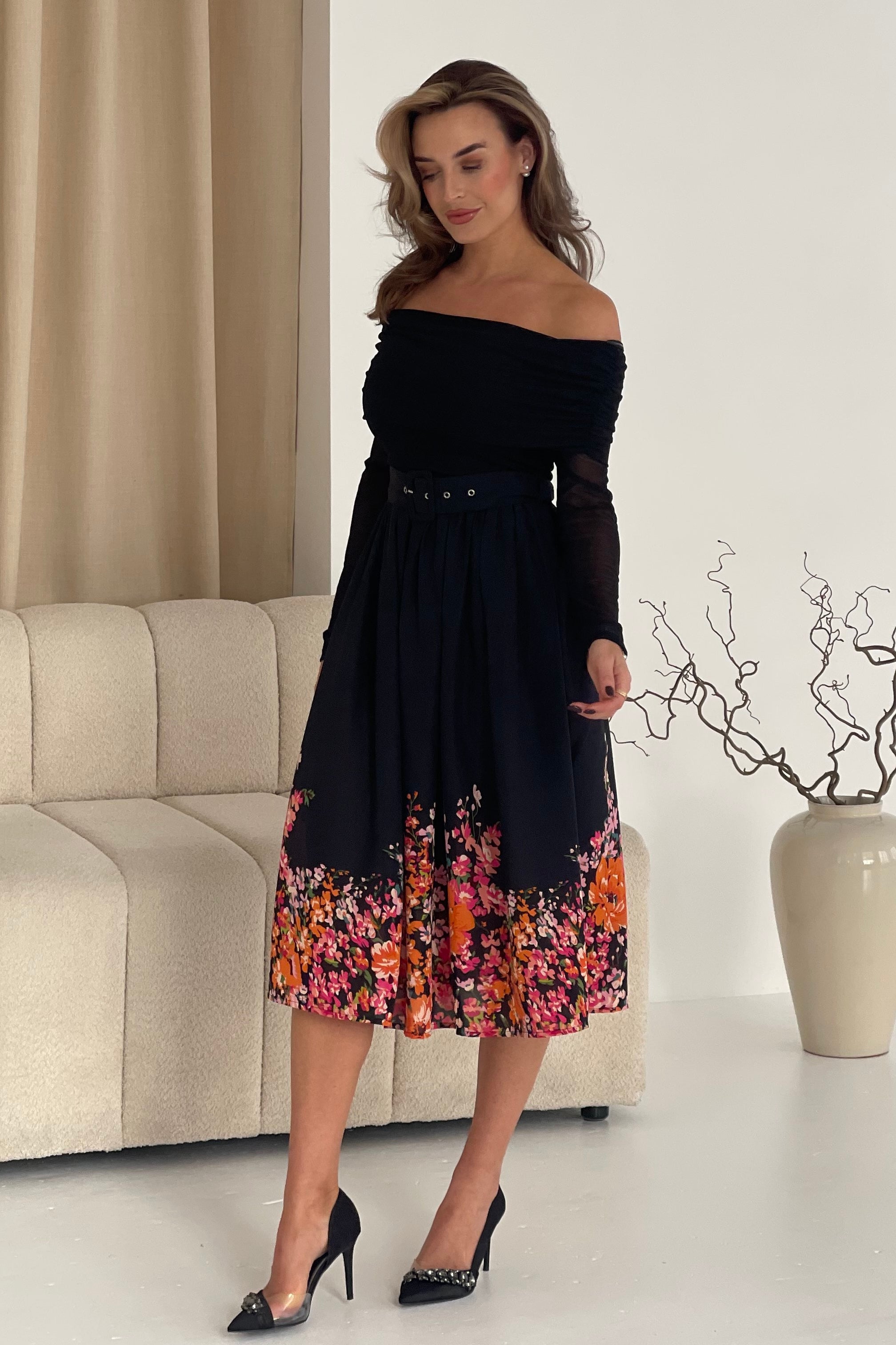 Aster Bardot Floral Border Midi Dress Black Floral