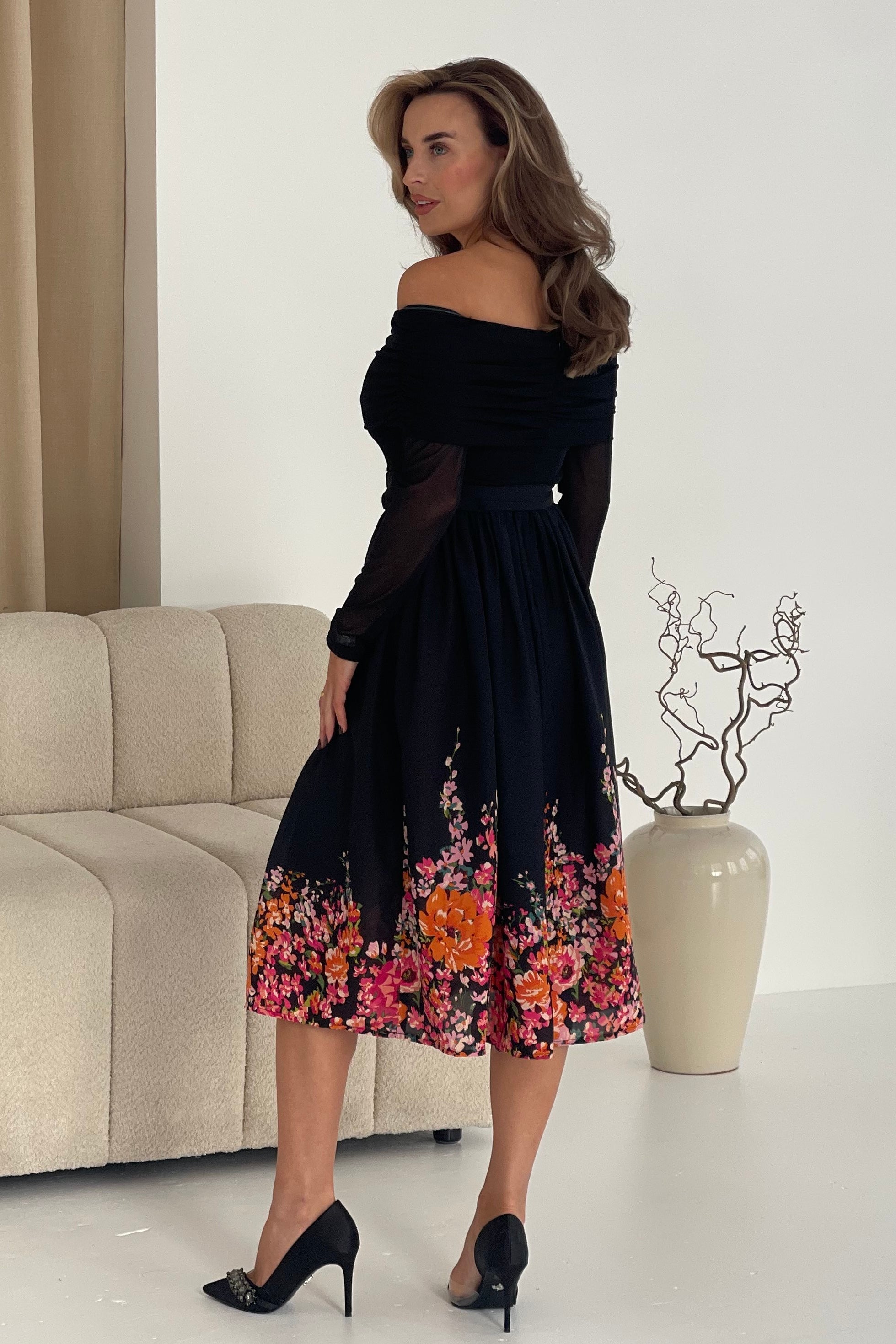 Aster Bardot Floral Border Midi Dress Black Floral