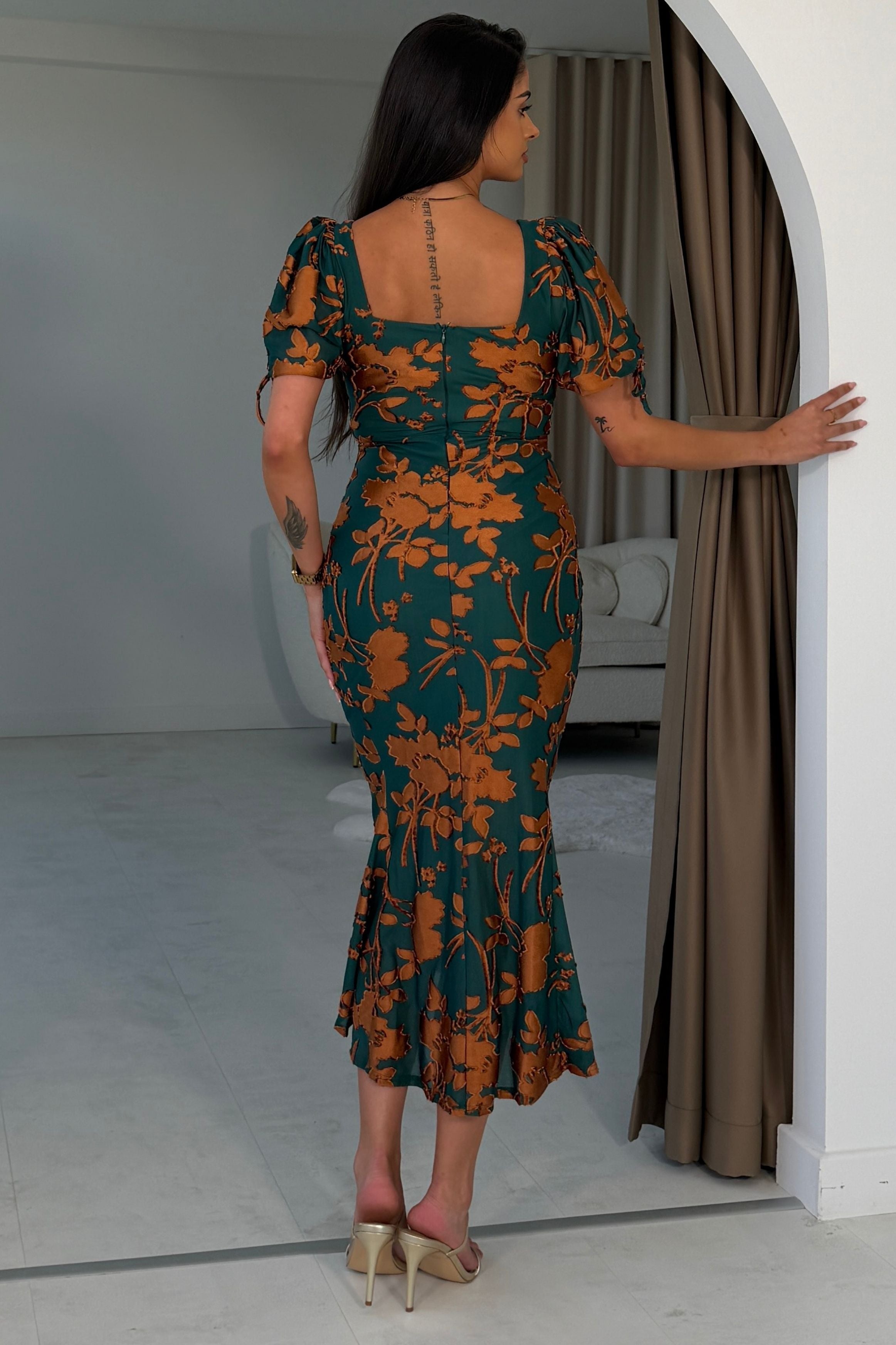 Dove Ruched Detail Midi Dress In Emerald Floral