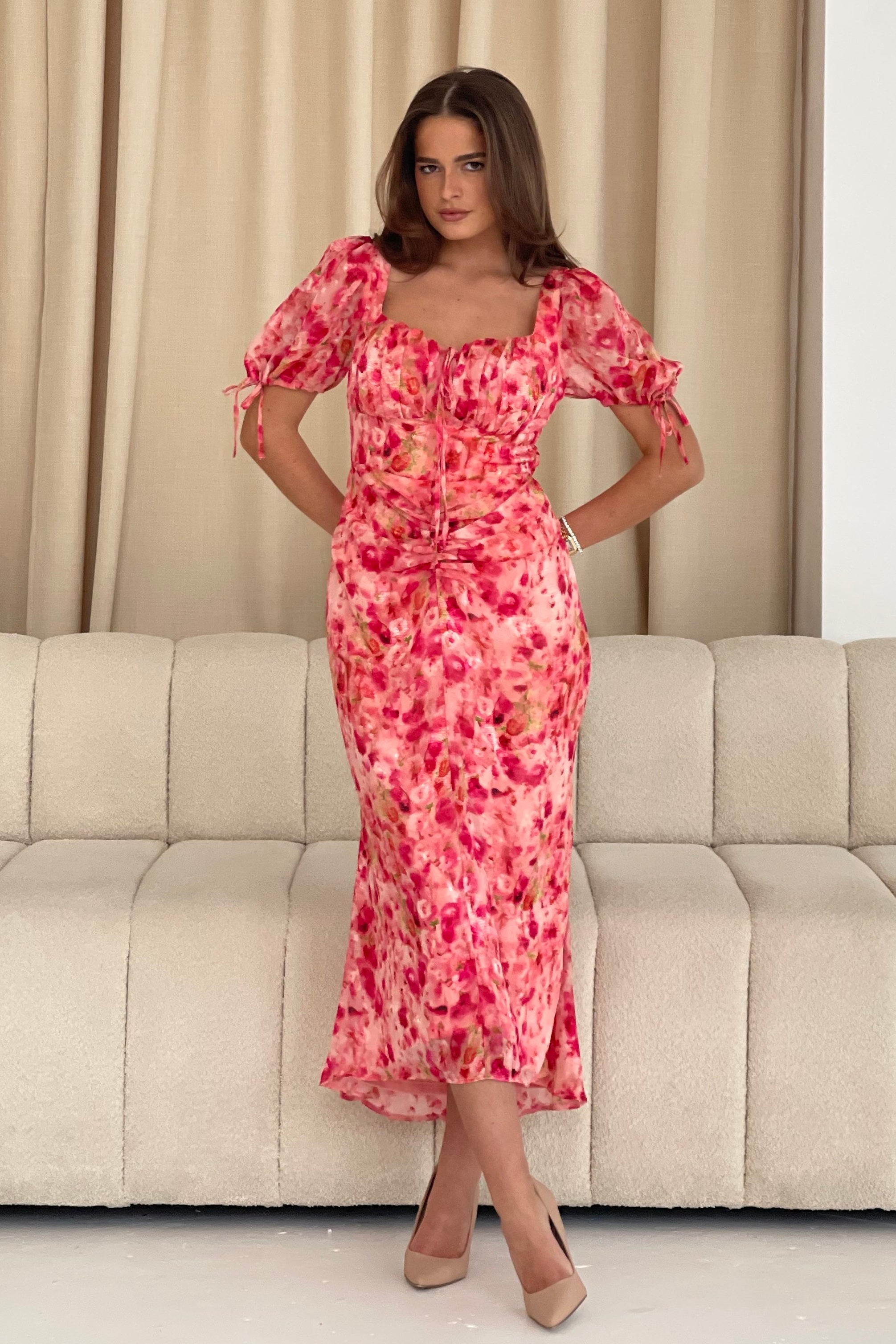 Dove Ruched Detail Midi Dress In Pink Burnout