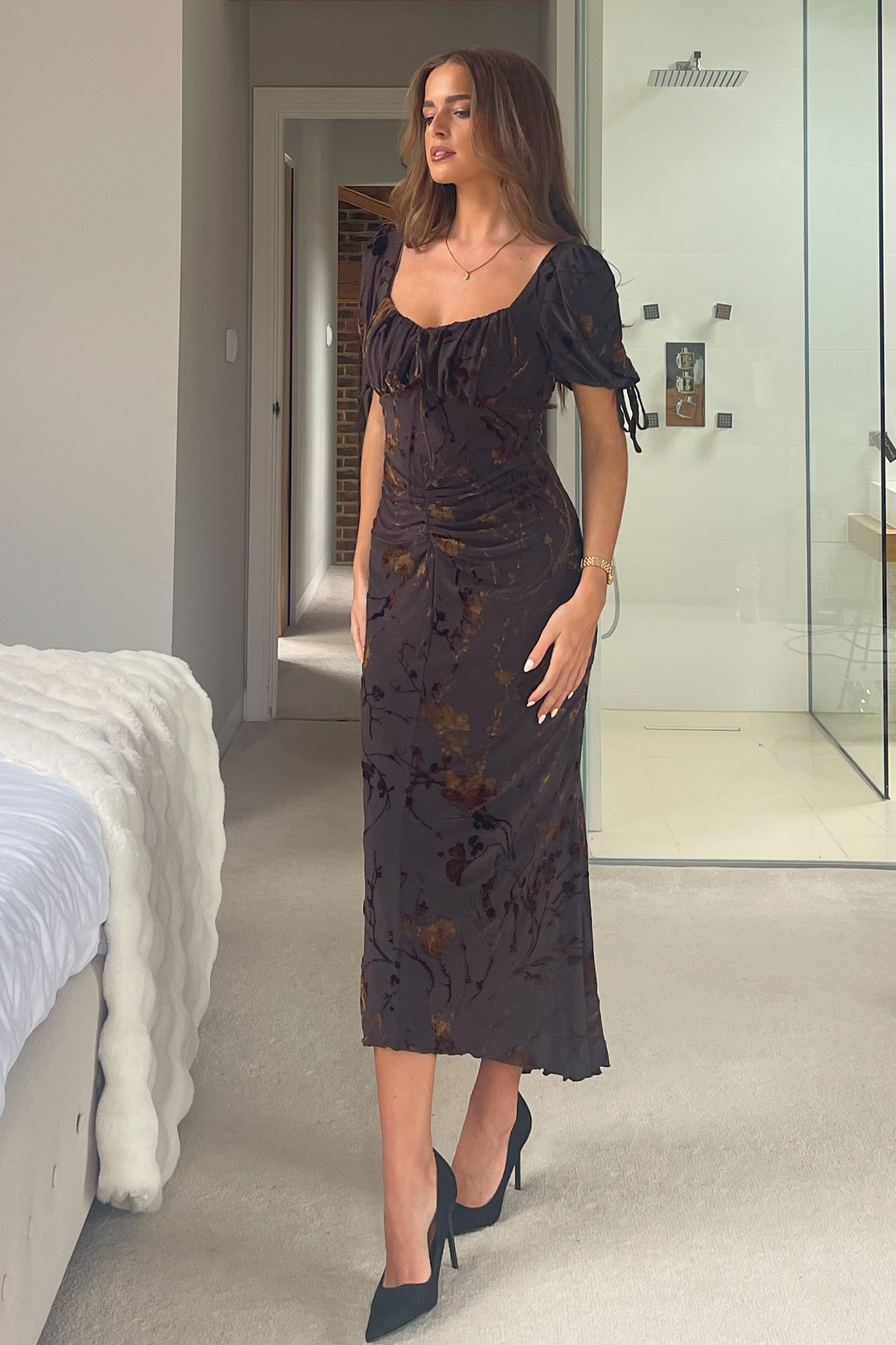 Dove Ruched Detail Midi Dress In Brown Floral