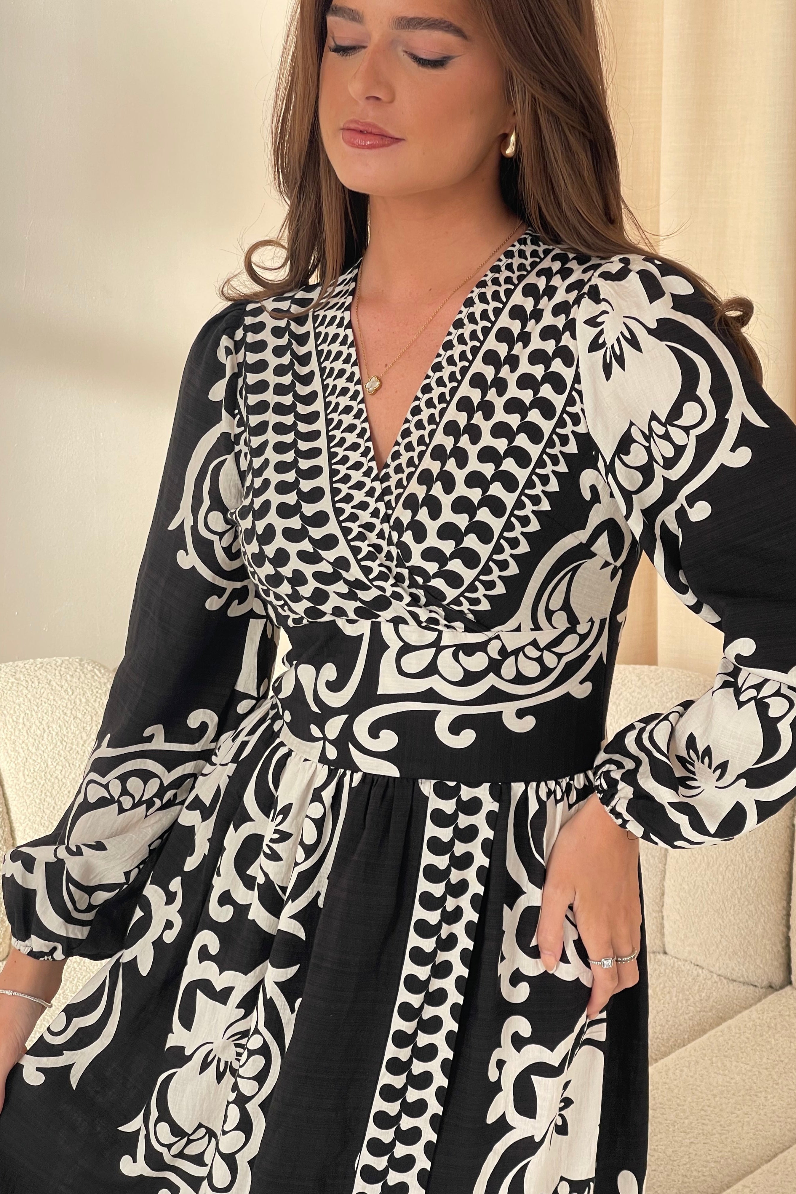 Juno Border Print Long Sleeve Maxi Dress Black