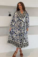 Juno Border Print Long Sleeve Maxi Dress Blue
