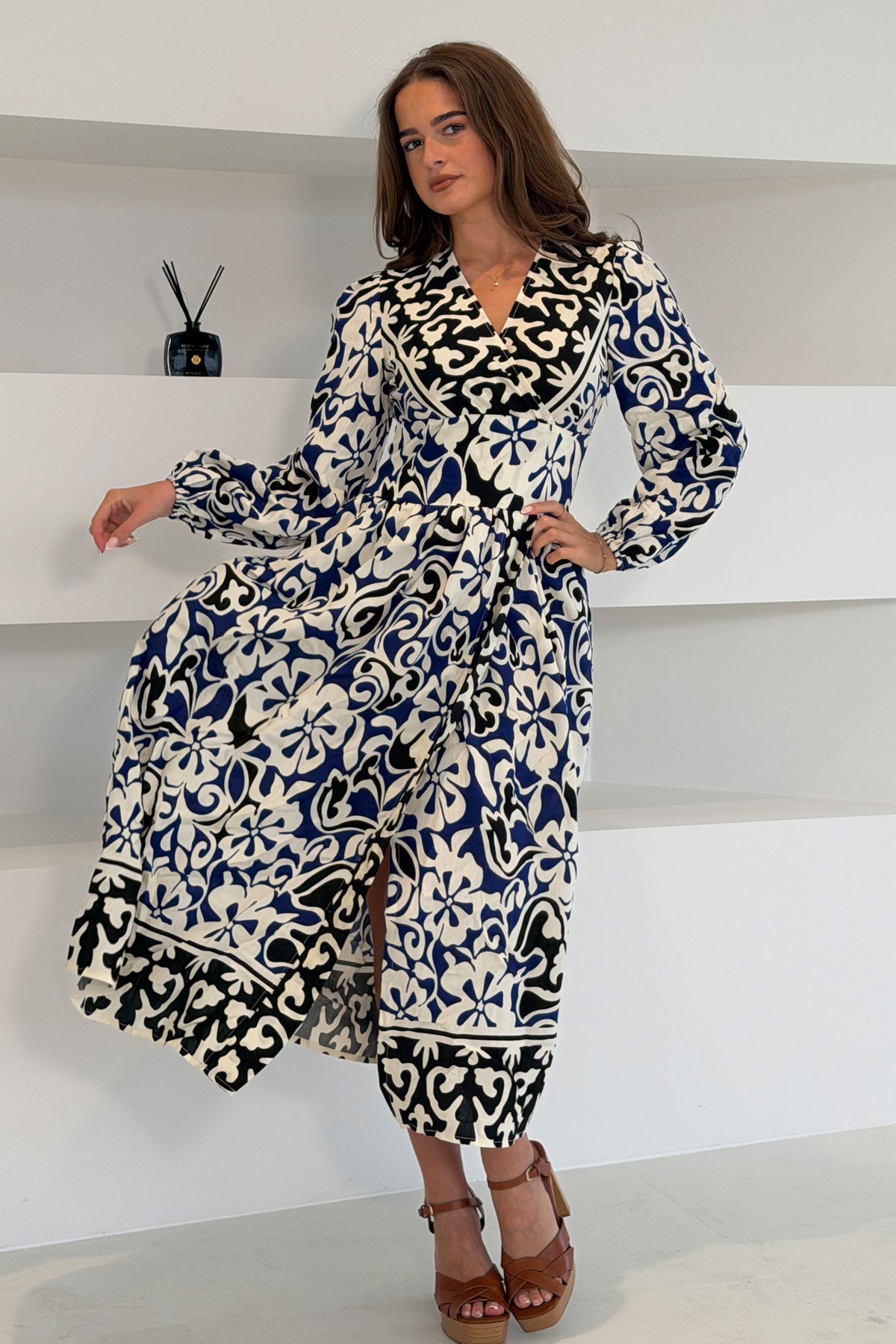 Juno Border Print Long Sleeve Maxi Dress Blue