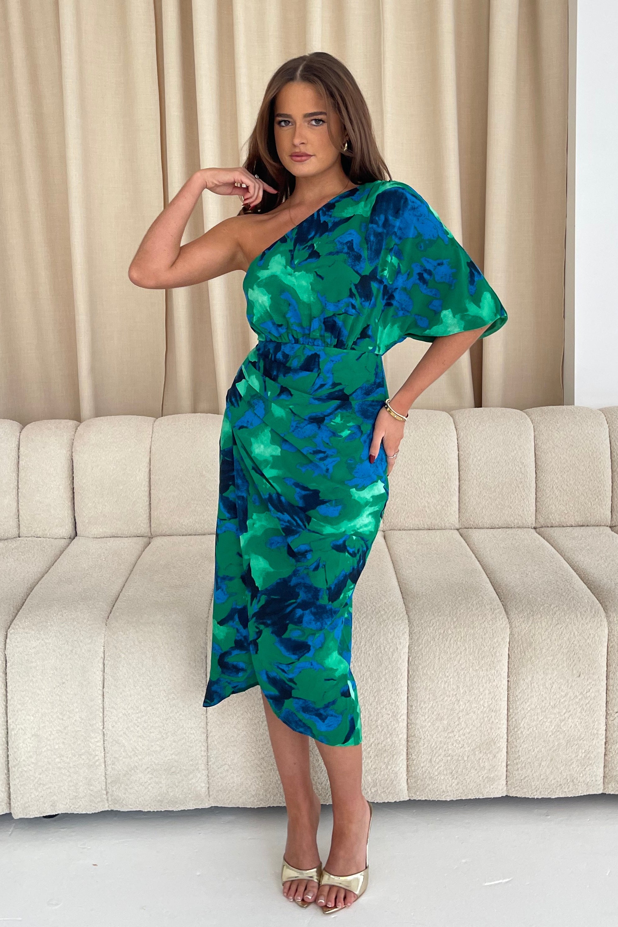 Ira One Shoulder Floral Wrap Midi Dress Green