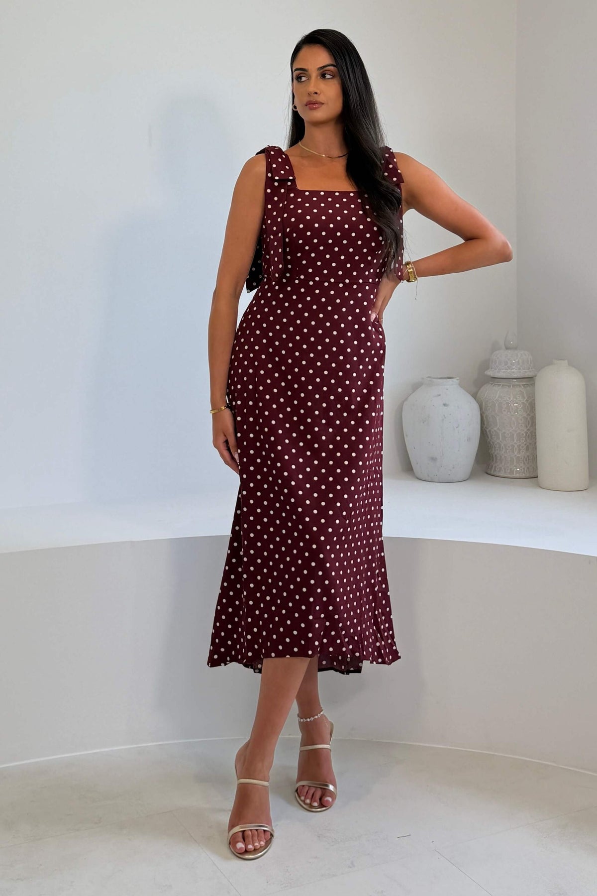 Jovi Tie Shoulder Square Neck Midi Dress Berry Spot