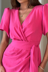 Drew Puff Sleeve Wrap Front Midi Dress Cerise